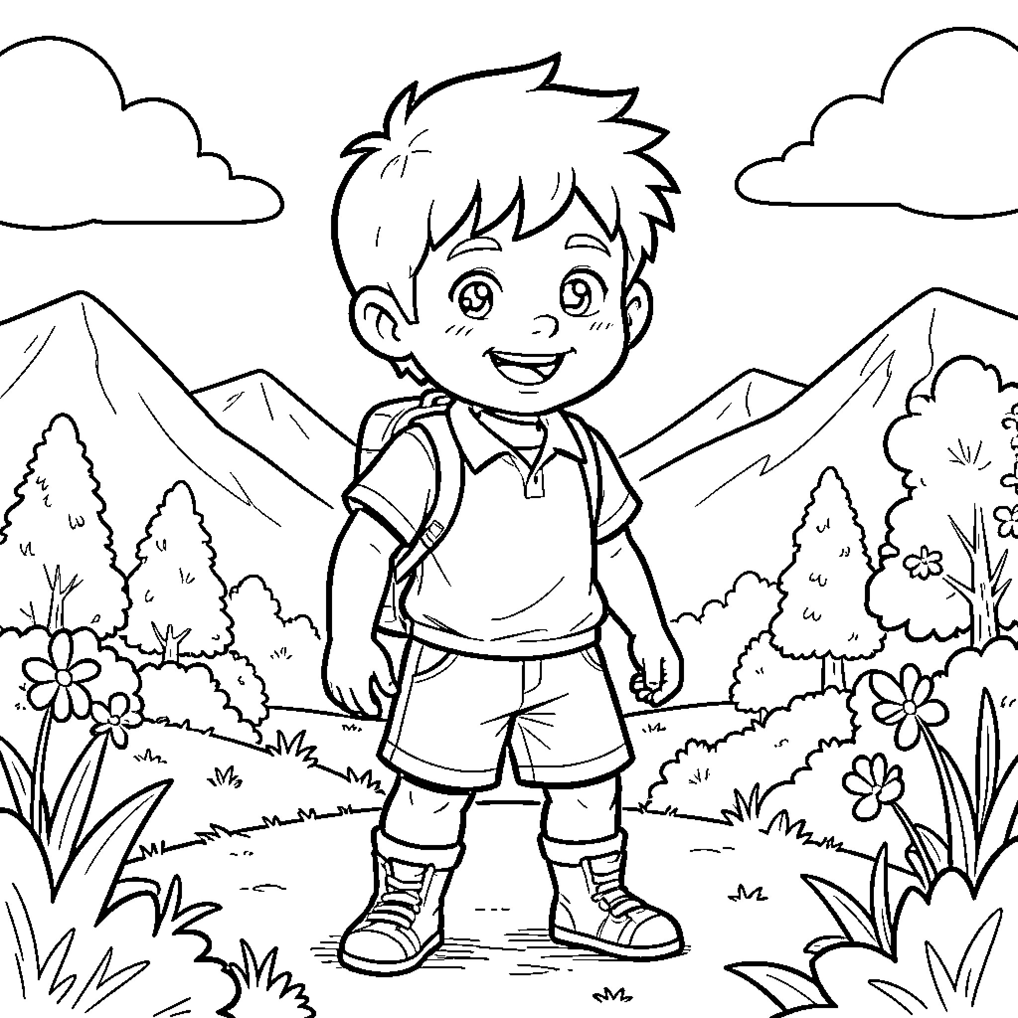 Boy wearing a backpack standing in a nature landscape Coloring Page (free black-and-white line drawing printable PDF for all, from beginners to advanced learners, including children, teens, adults, and seniors)