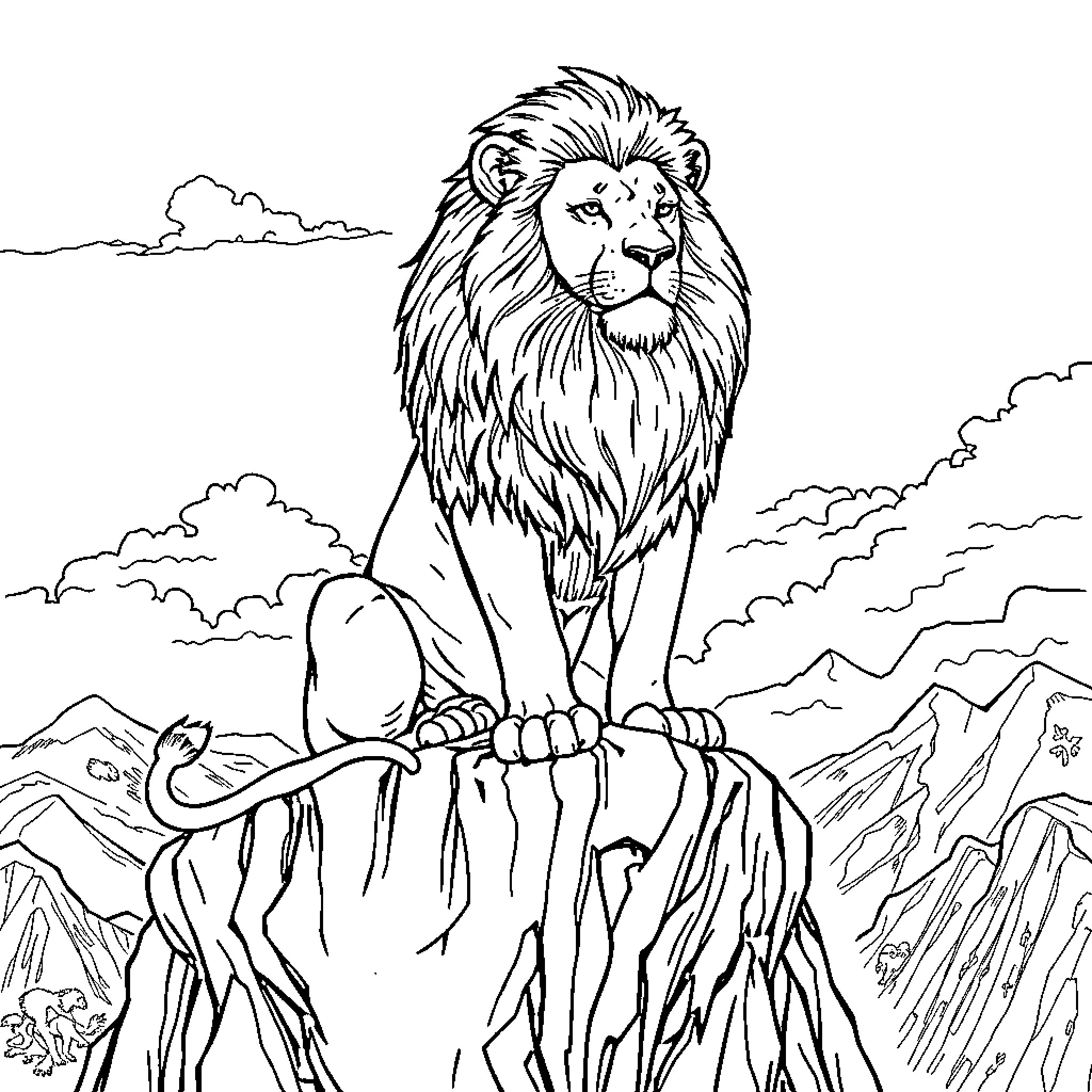 Lion Sitting Majestically on Cliff Overlooking Mountains Coloring Page (free black-and-white line drawing printable PDF for all, from beginners to advanced learners, including children, teens, adults, and seniors)
