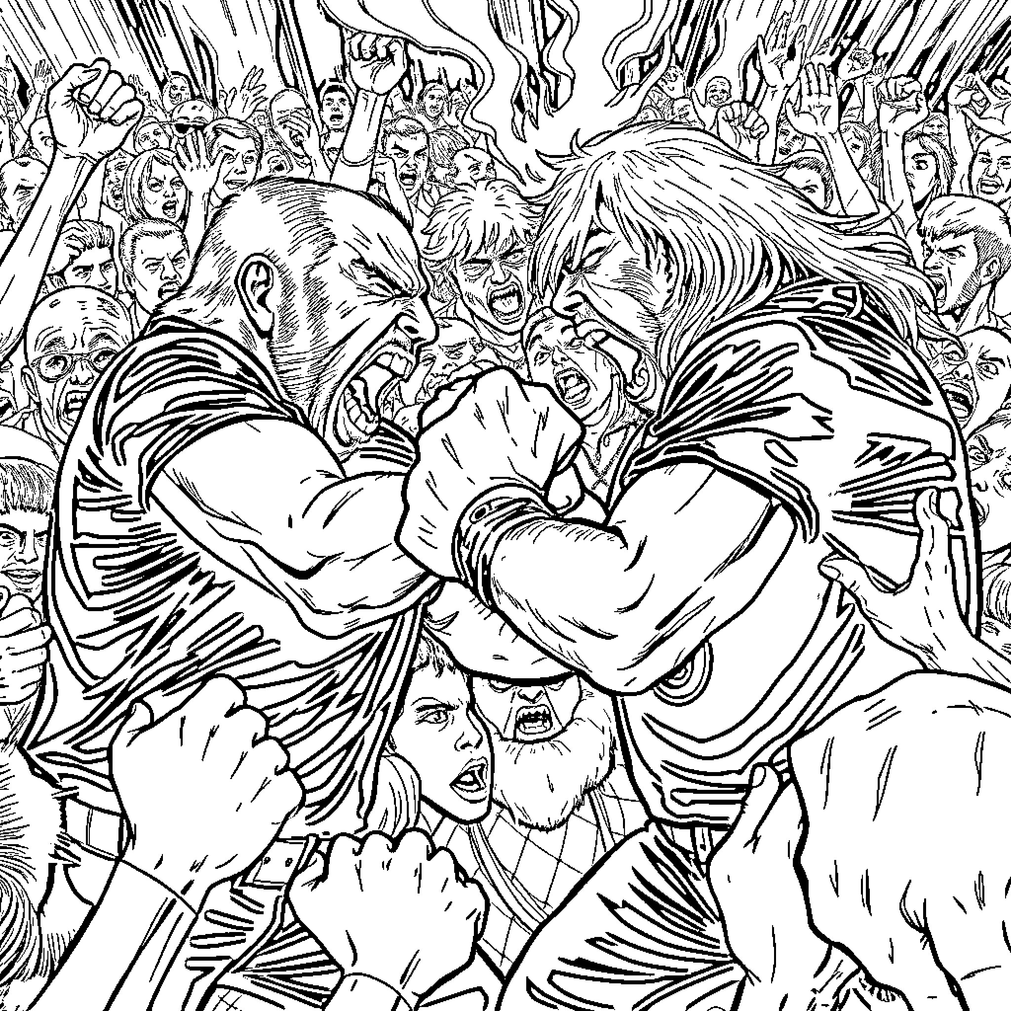 Paul Sr. in a tense confrontation with a crowd Coloring Page (free black-and-white line drawing printable PDF for all, from beginners to advanced learners, including children, teens, adults, and seniors)