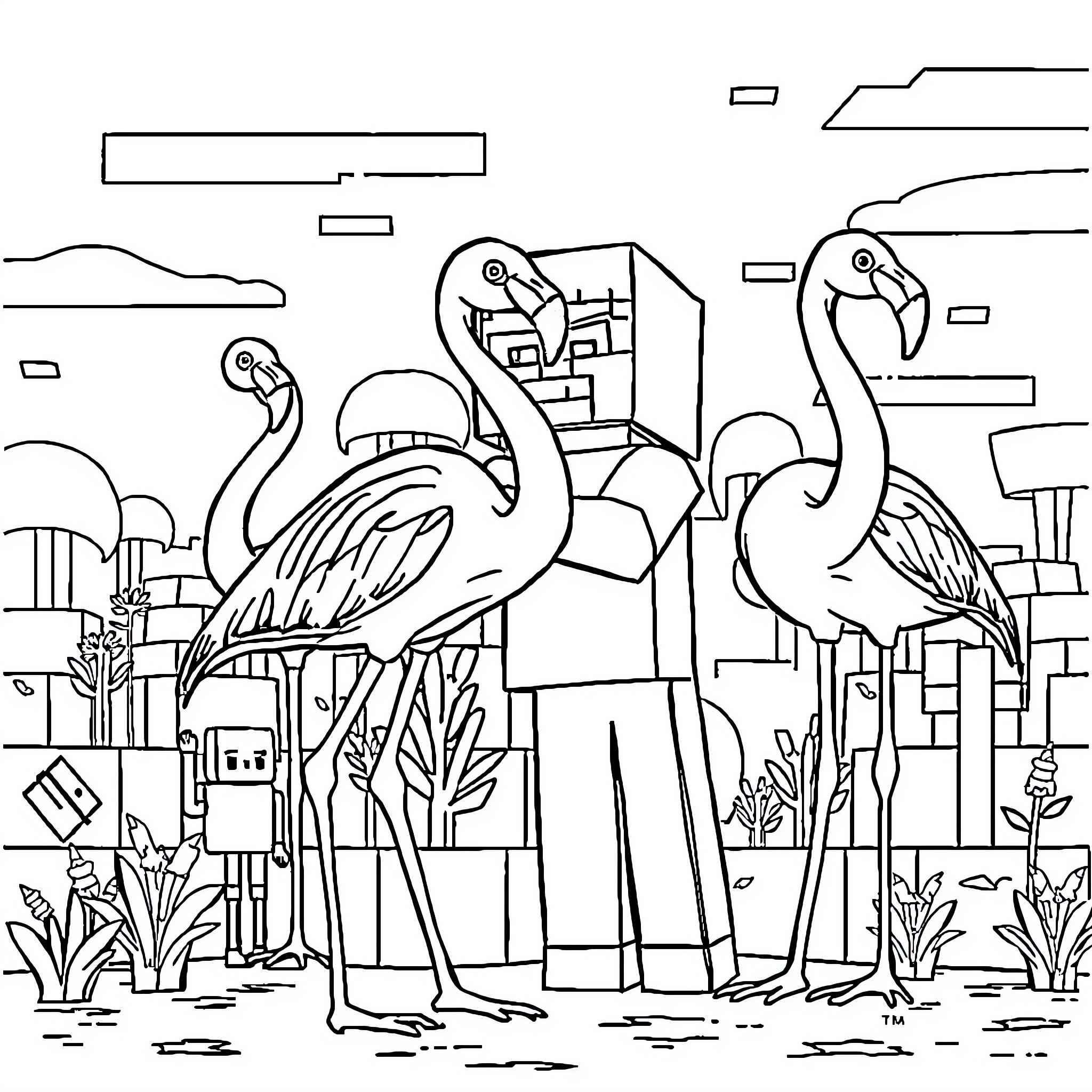 Flamingos exploring an abstract urban landscape Coloring Page (free black-and-white line drawing printable PDF for all, from beginners to advanced learners, including children, teens, adults, and seniors)