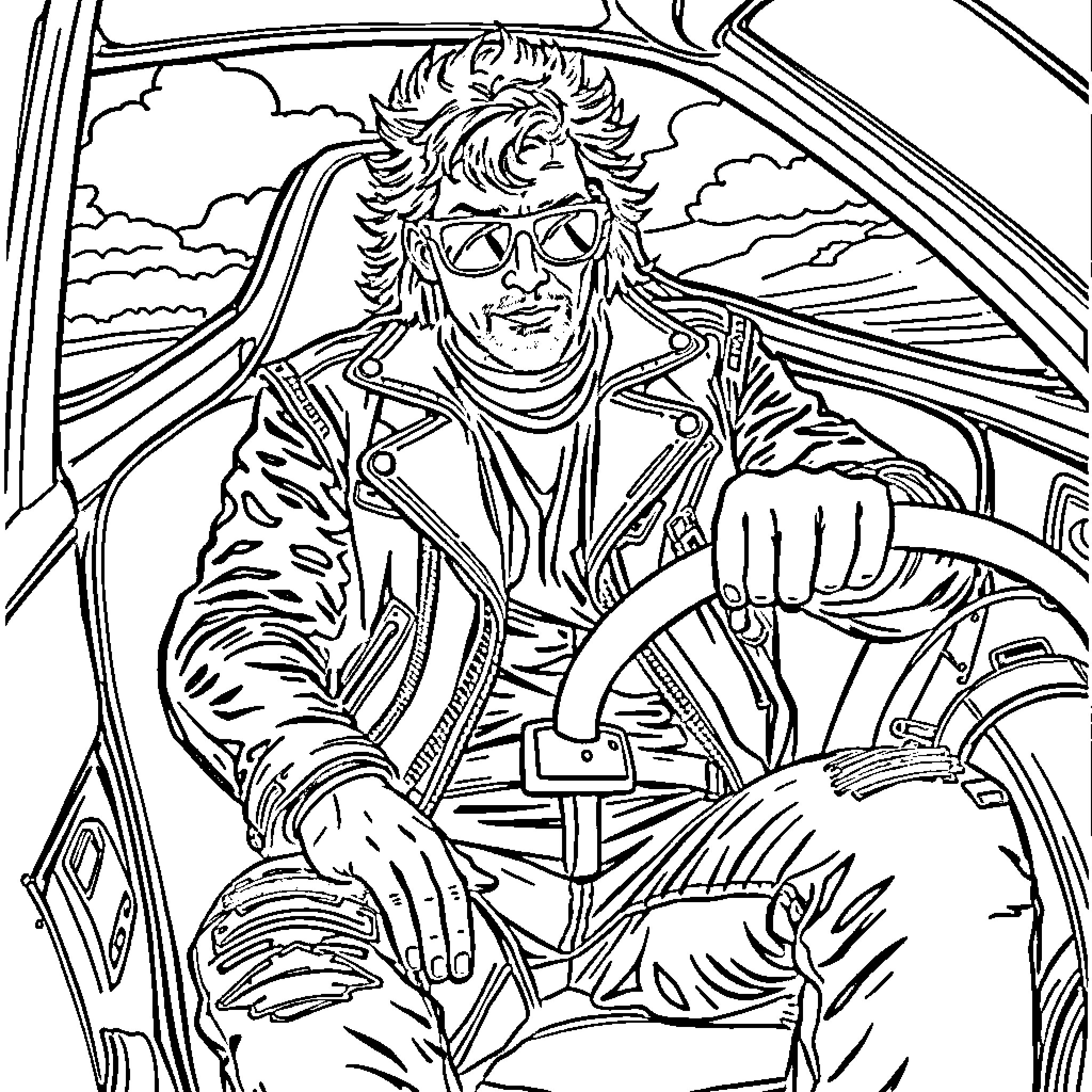 Racing Driver in high-speed action on the track Coloring Page (free black-and-white line drawing printable PDF for all, from beginners to advanced learners, including children, teens, adults, and seniors)