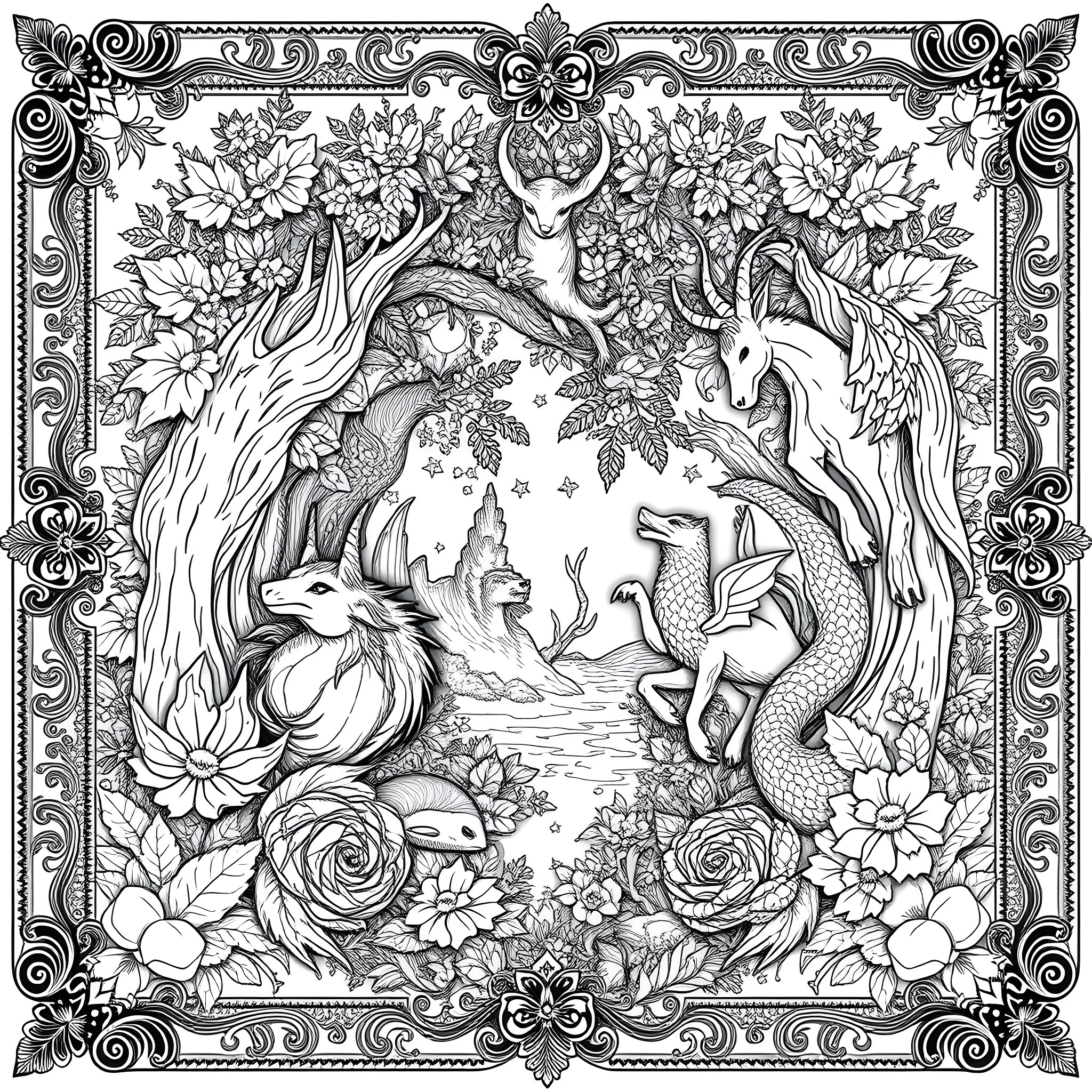 Tapestry of Fantastical Creatures in Enchanted Forest Coloring Page (free black-and-white line drawing printable PDF for all, from beginners to advanced learners, including children, teens, adults, and seniors)