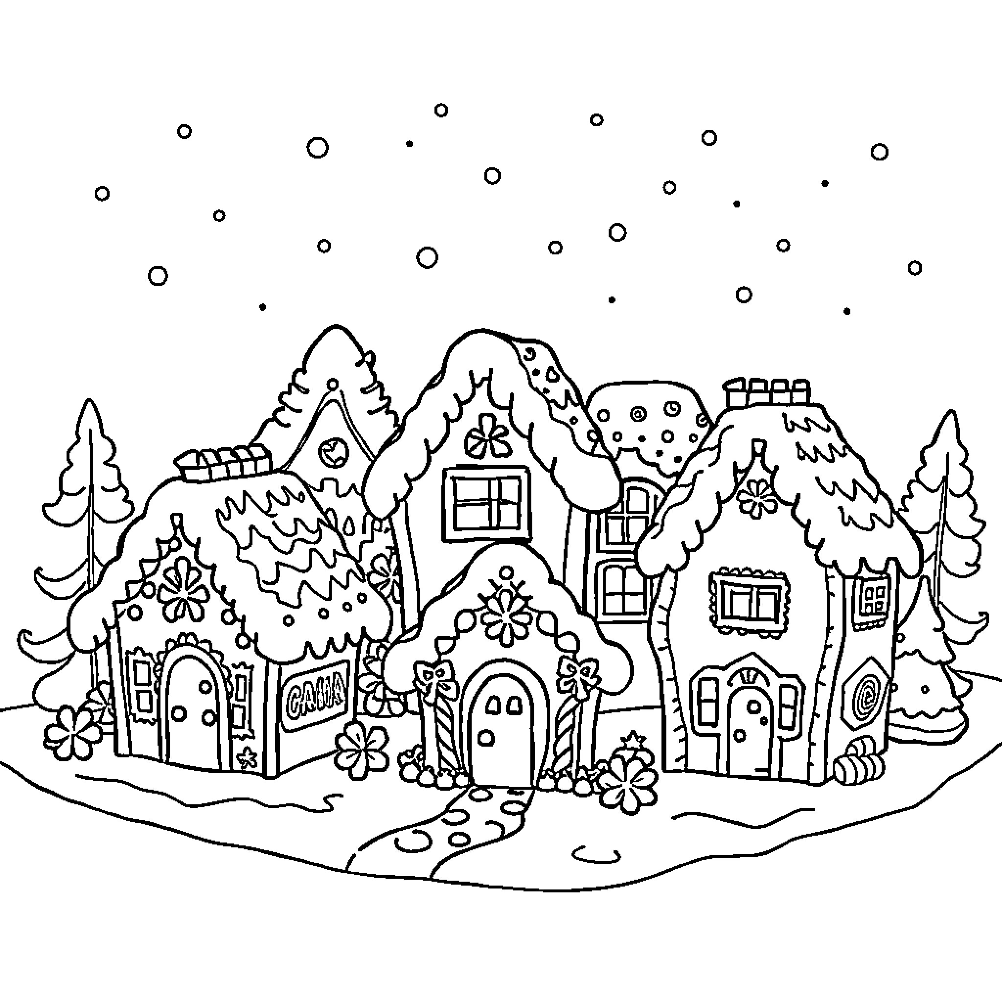 Gingerbread houses in a snowy village Coloring Page (free black-and-white line drawing printable PDF for all, from beginners to advanced learners, including children, teens, adults, and seniors)