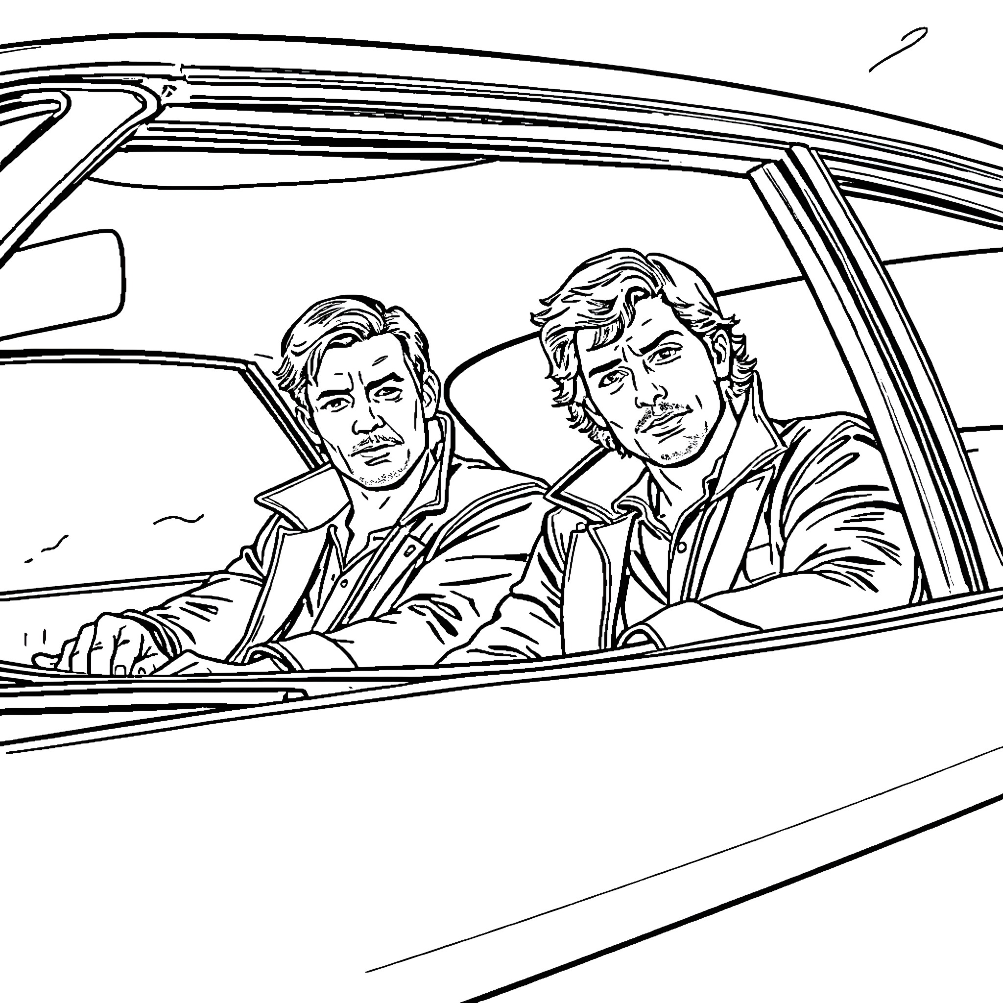 Impala characters driving together in vehicle Coloring Page (free black-and-white line drawing printable PDF for all, from beginners to advanced learners, including children, teens, adults, and seniors)