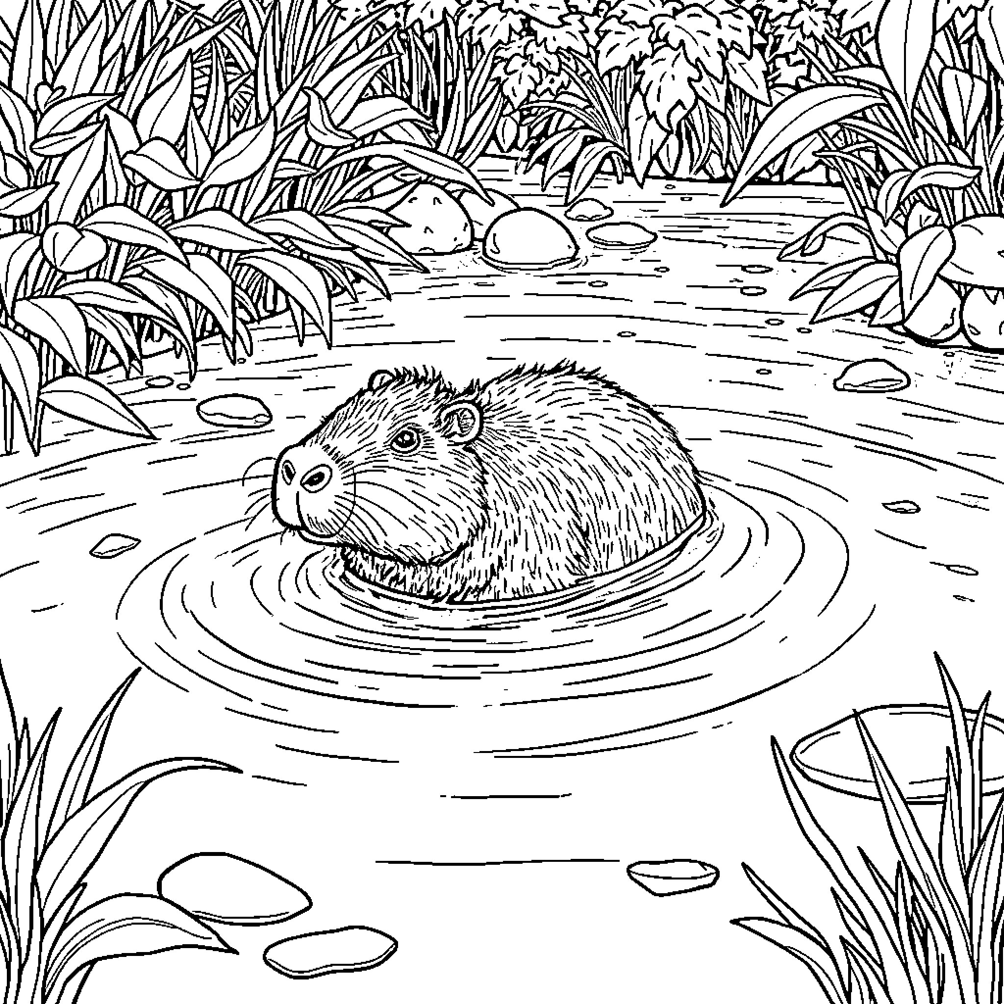 Capybara swimming in a lush forest pond Coloring Page (free black-and-white line drawing printable PDF for all, from beginners to advanced learners, including children, teens, adults, and seniors)
