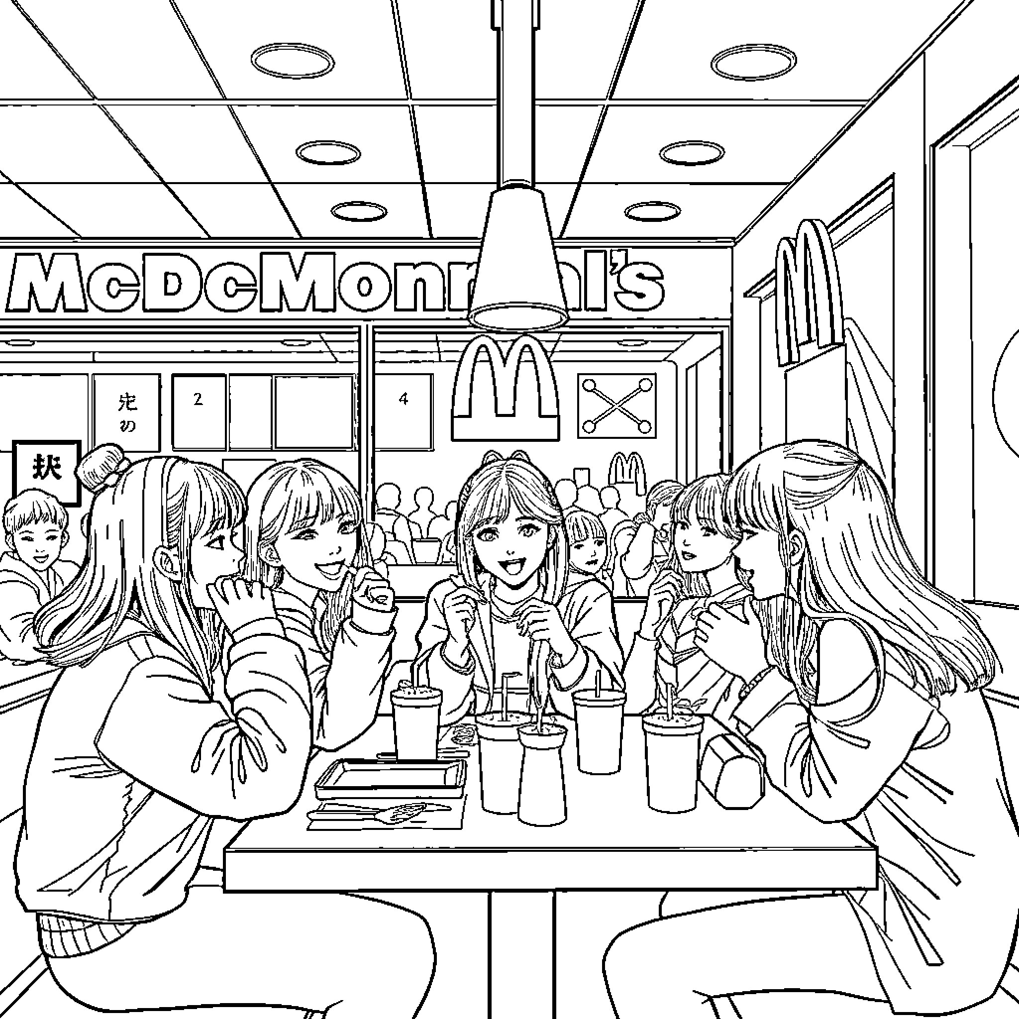 K-pop Hunter: Group of Friends Enjoying Fast Food Coloring Page (free black-and-white line drawing printable PDF for all, from beginners to advanced learners, including children, teens, adults, and seniors)