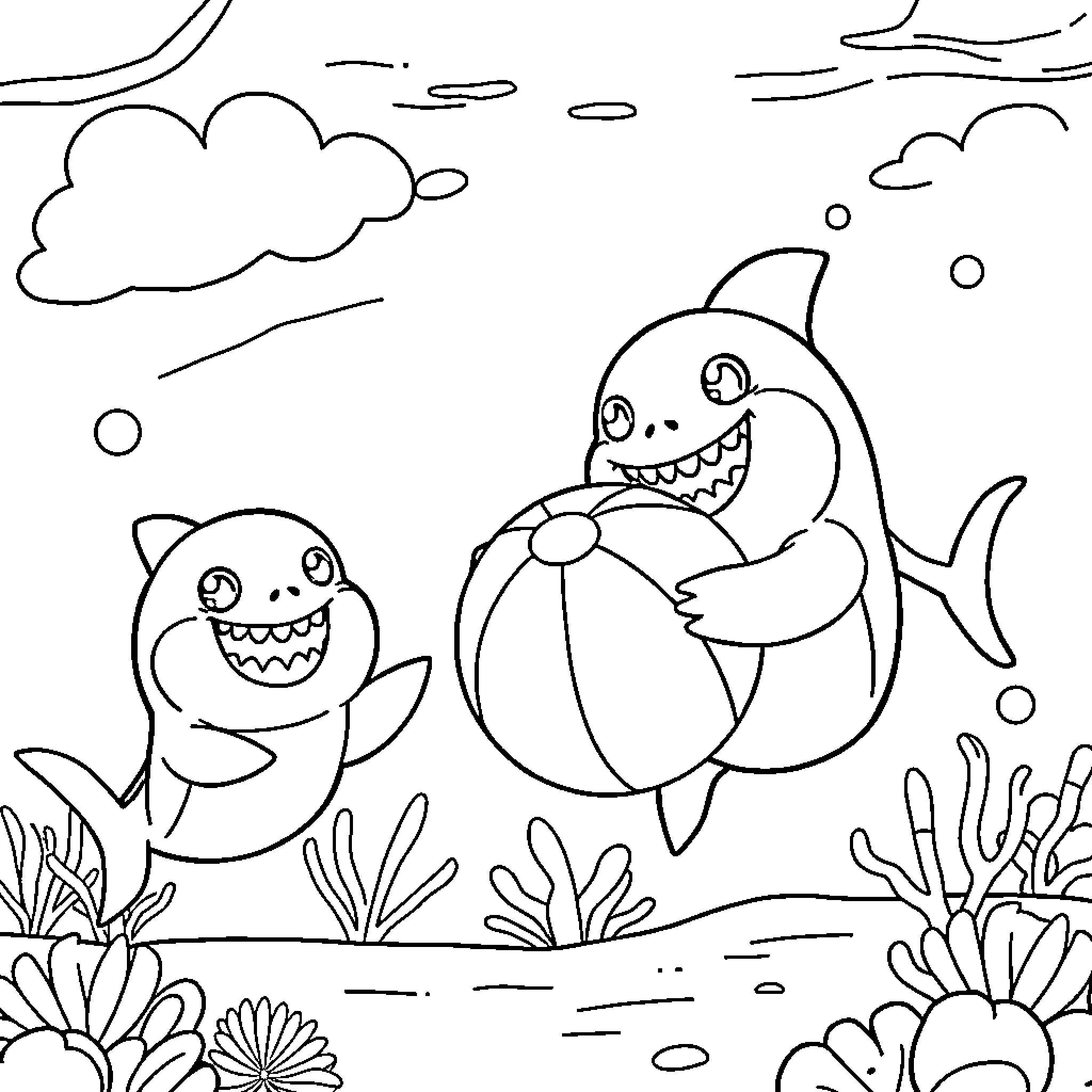 Baby Shark dancing and singing happily in the ocean Coloring Page (free black-and-white line drawing printable PDF for all, from beginners to advanced learners, including children, teens, adults, and seniors)