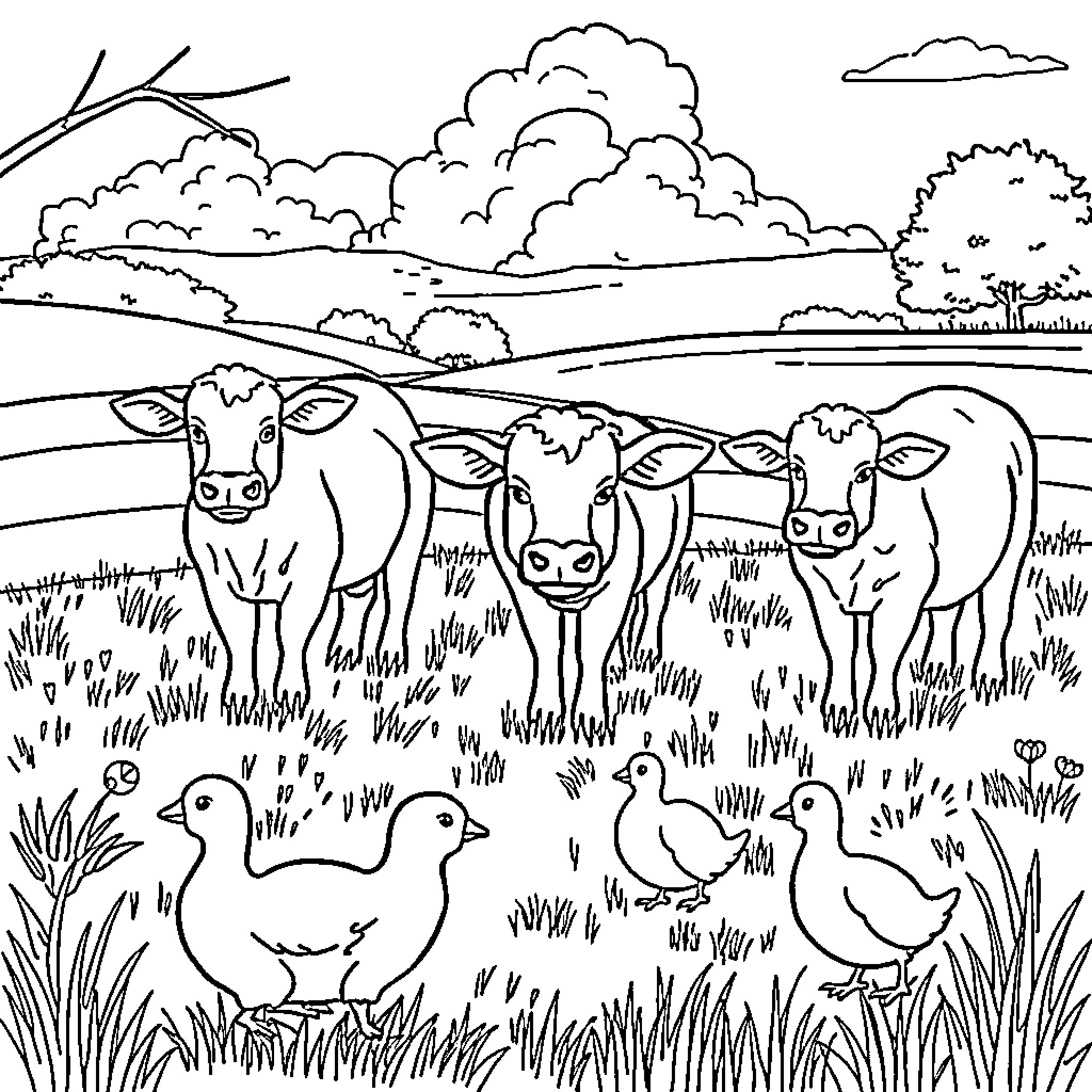 Farm Animal Gathering in the Countryside Coloring Page (free black-and-white line drawing printable PDF for all, from beginners to advanced learners, including children, teens, adults, and seniors)