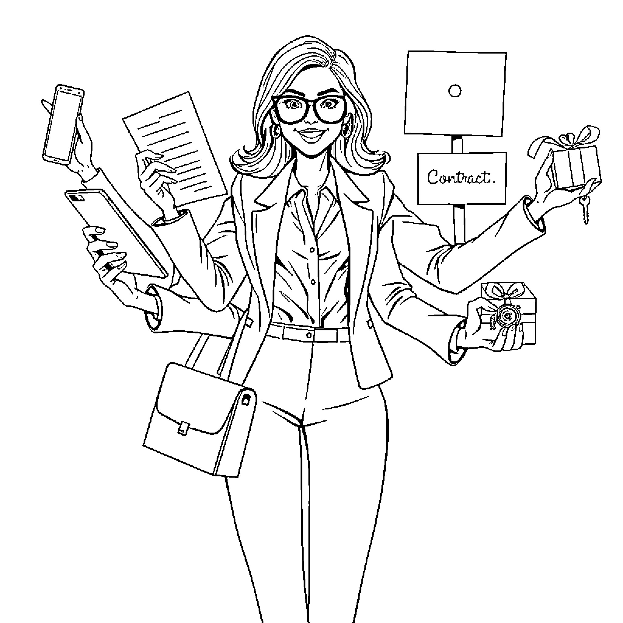 Realtor multitasking with efficiency and enthusiasm Coloring Page (free black-and-white line drawing printable PDF for all, from beginners to advanced learners, including children, teens, adults, and seniors)