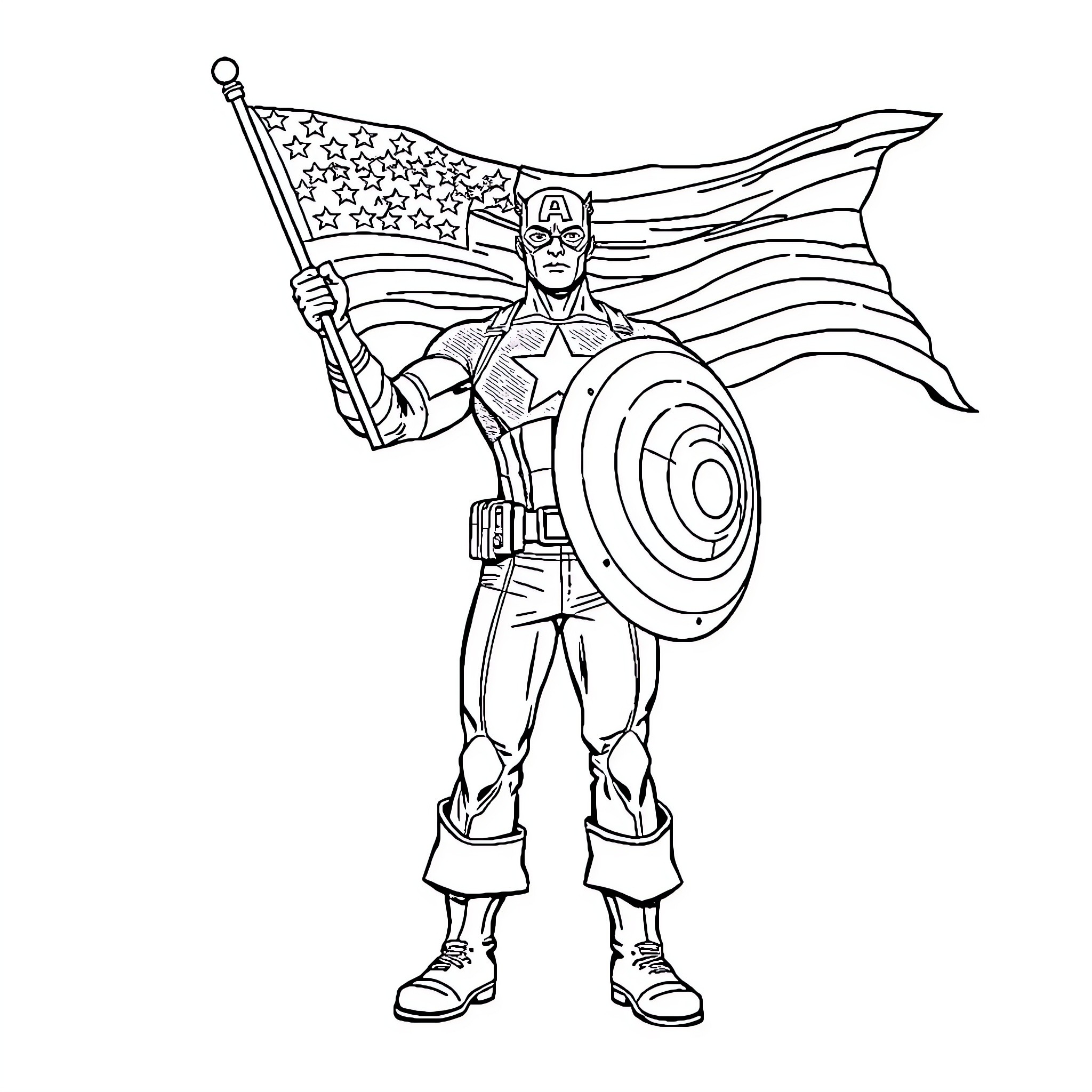 Captain America Proudly Holding the American Flag Coloring Page (free black-and-white line drawing printable PDF for all, from beginners to advanced learners, including children, teens, adults, and seniors)