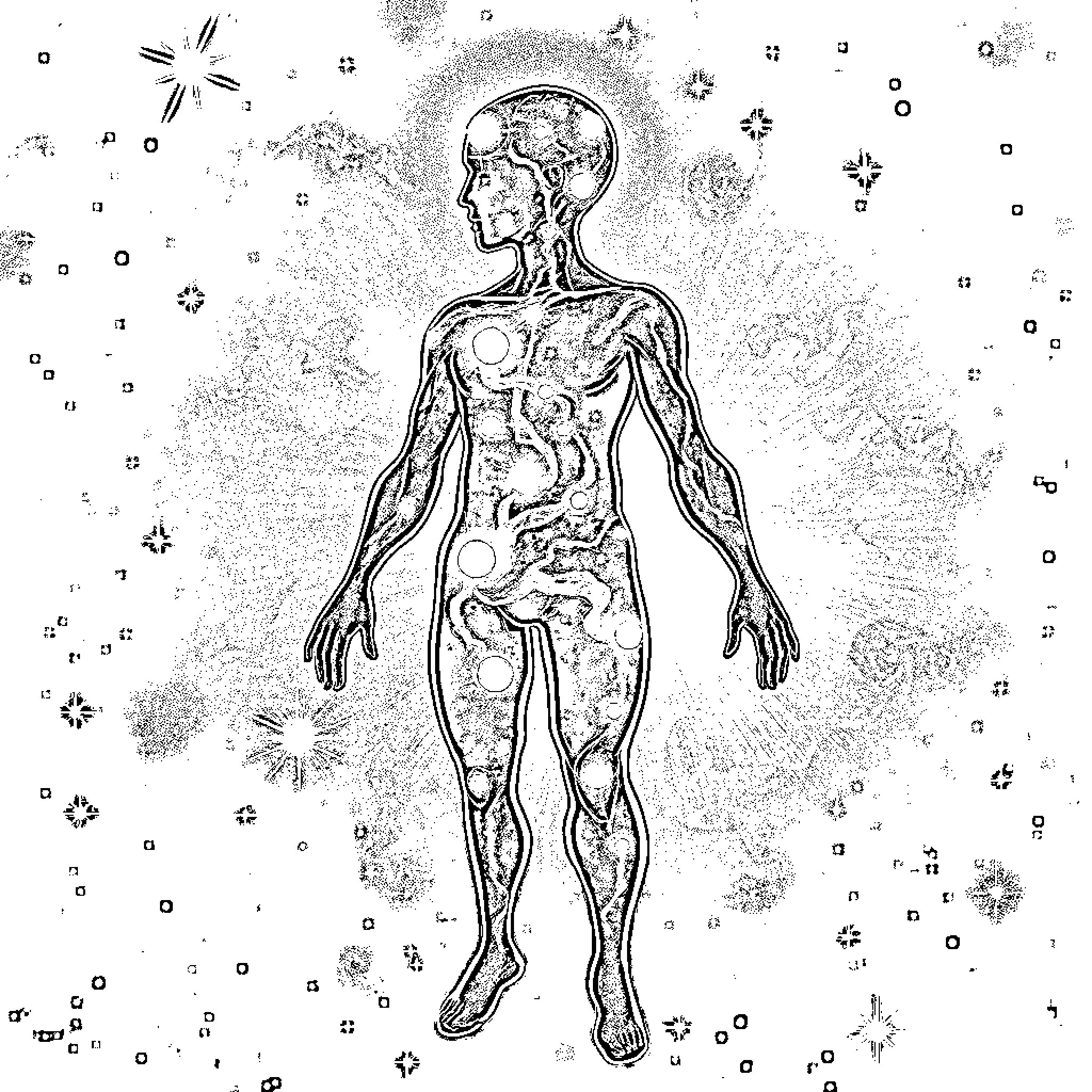 Human body with stars and celestial elements Coloring Page (free black-and-white line drawing printable PDF for all, from beginners to advanced learners, including children, teens, adults, and seniors)
