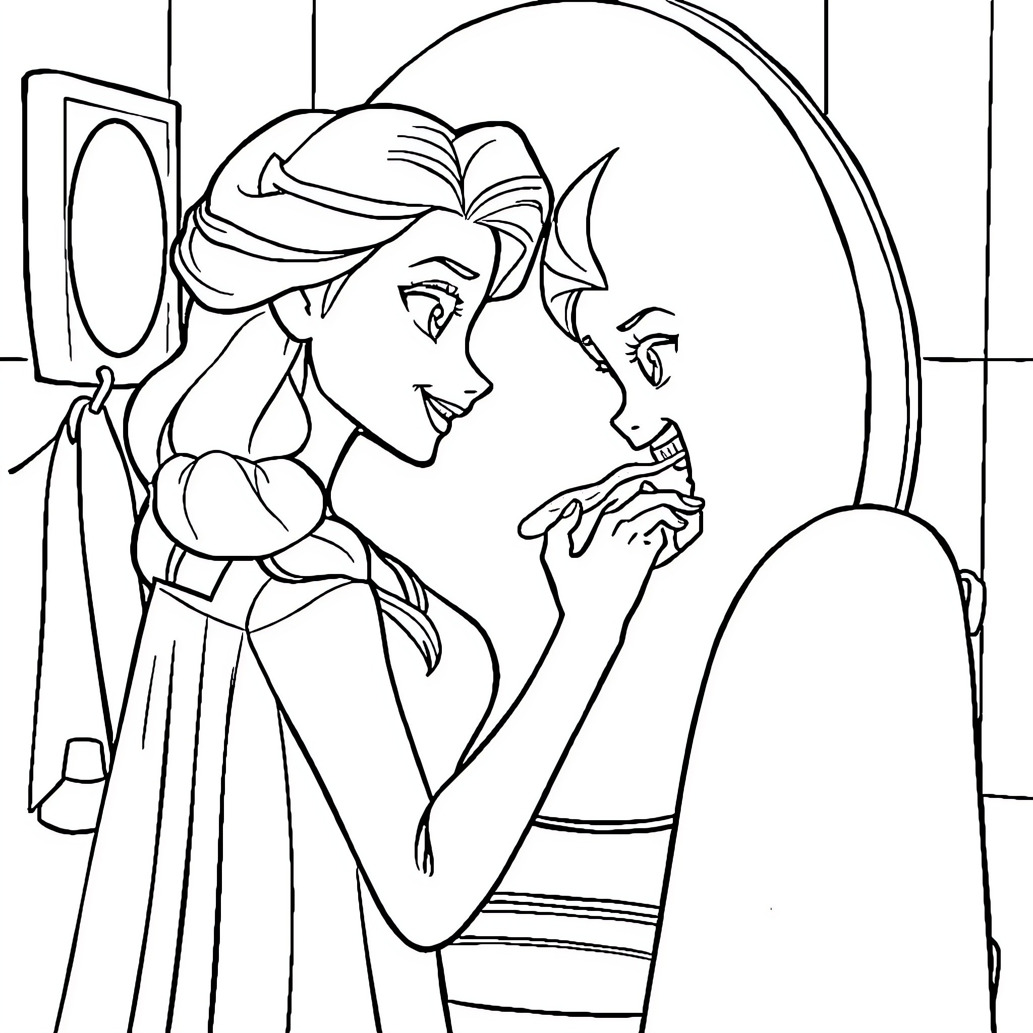 Elsa gazing at her reflection in the mirror Coloring Page (free black-and-white line drawing printable PDF for all, from beginners to advanced learners, including children, teens, adults, and seniors)