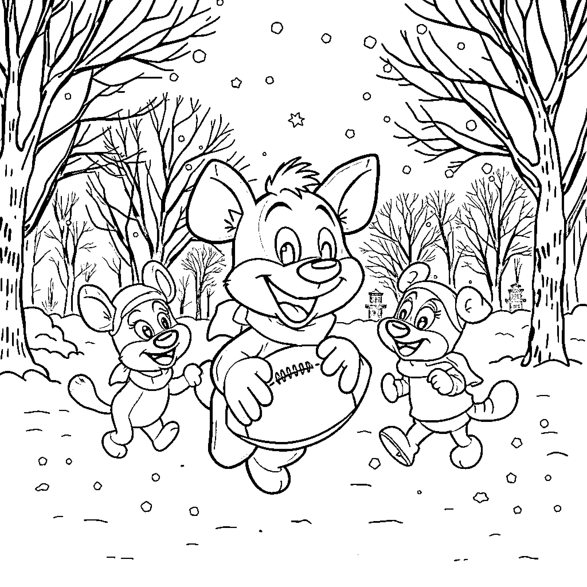 Bluey and friends play in a snowy forest Coloring Page (free black-and-white line drawing printable PDF for all, from beginners to advanced learners, including children, teens, adults, and seniors)