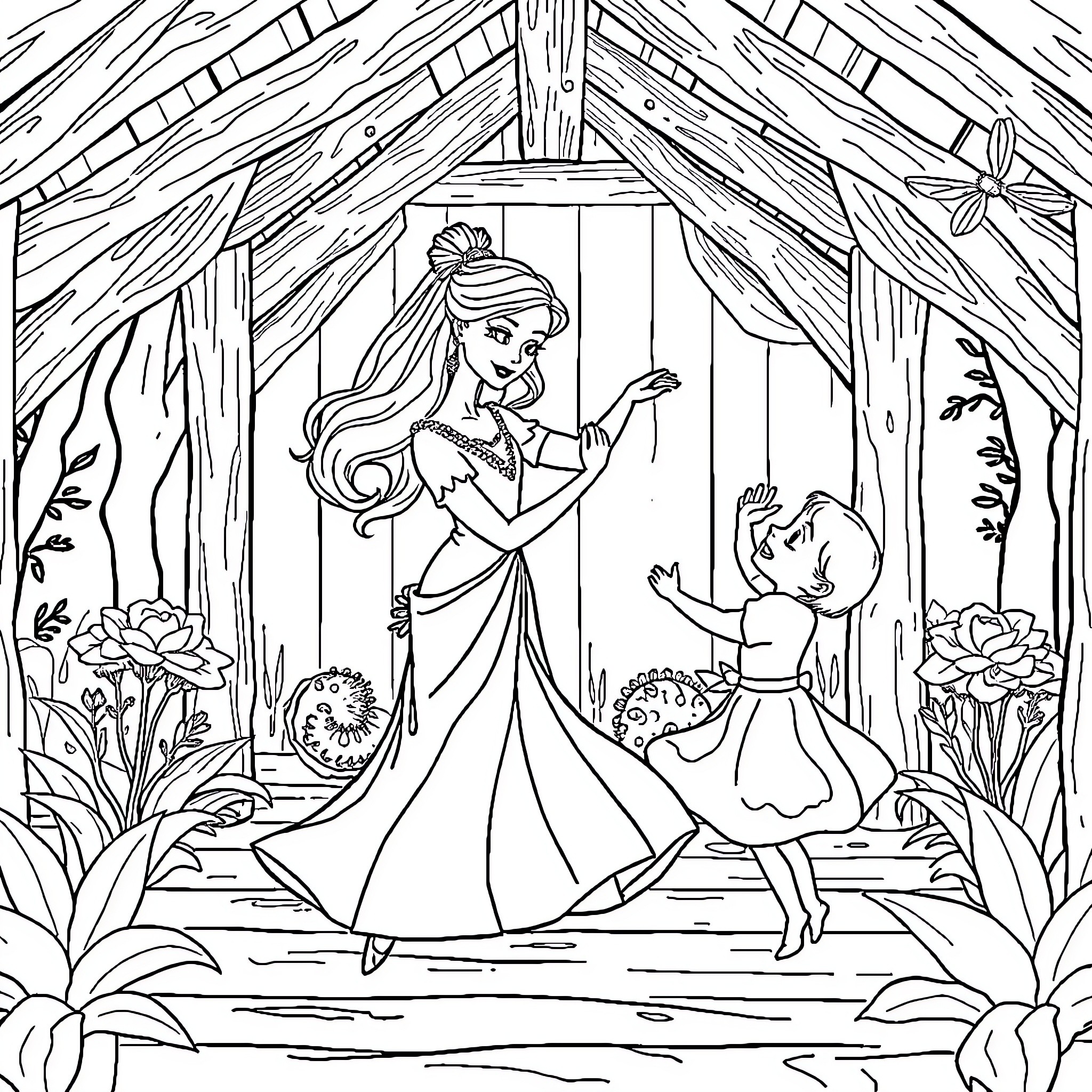 Ballerina dances gracefully in enchanted forest setting Coloring Page (free black-and-white line drawing printable PDF for all, from beginners to advanced learners, including children, teens, adults, and seniors)