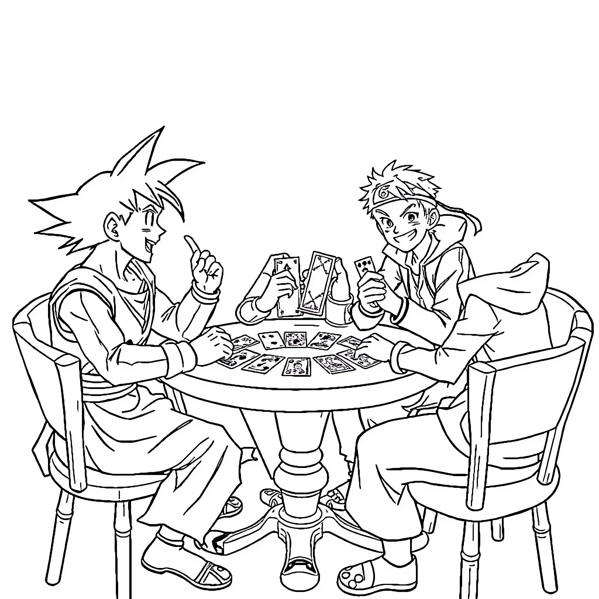 Son Goku and Friends Playing Card Games Coloring Page (free black-and-white line drawing printable PDF for all, from beginners to advanced learners, including children, teens, adults, and seniors)