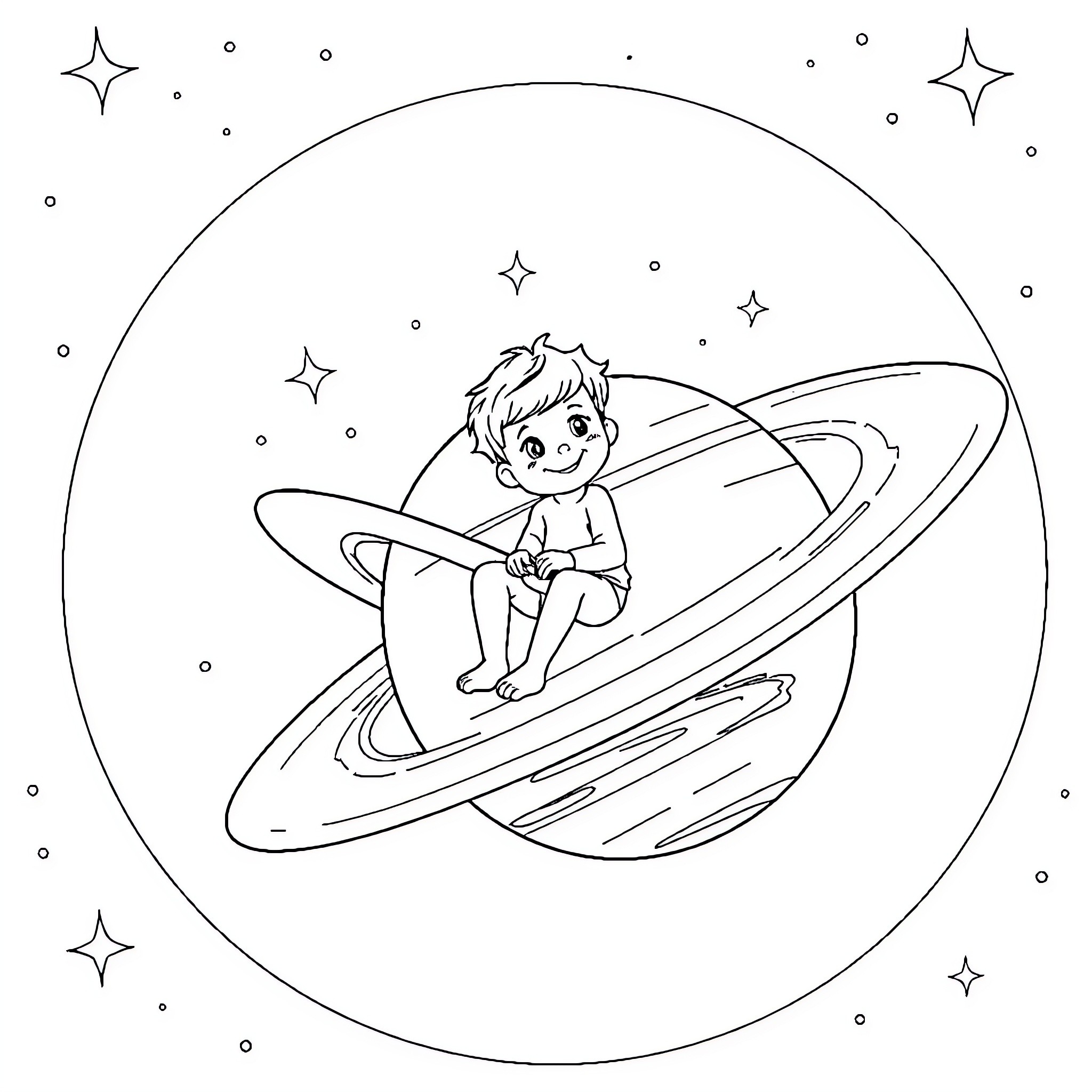 Boy exploring the wonders of space on a cosmic spacecraft Coloring Page (free black-and-white line drawing printable PDF for all, from beginners to advanced learners, including children, teens, adults, and seniors)