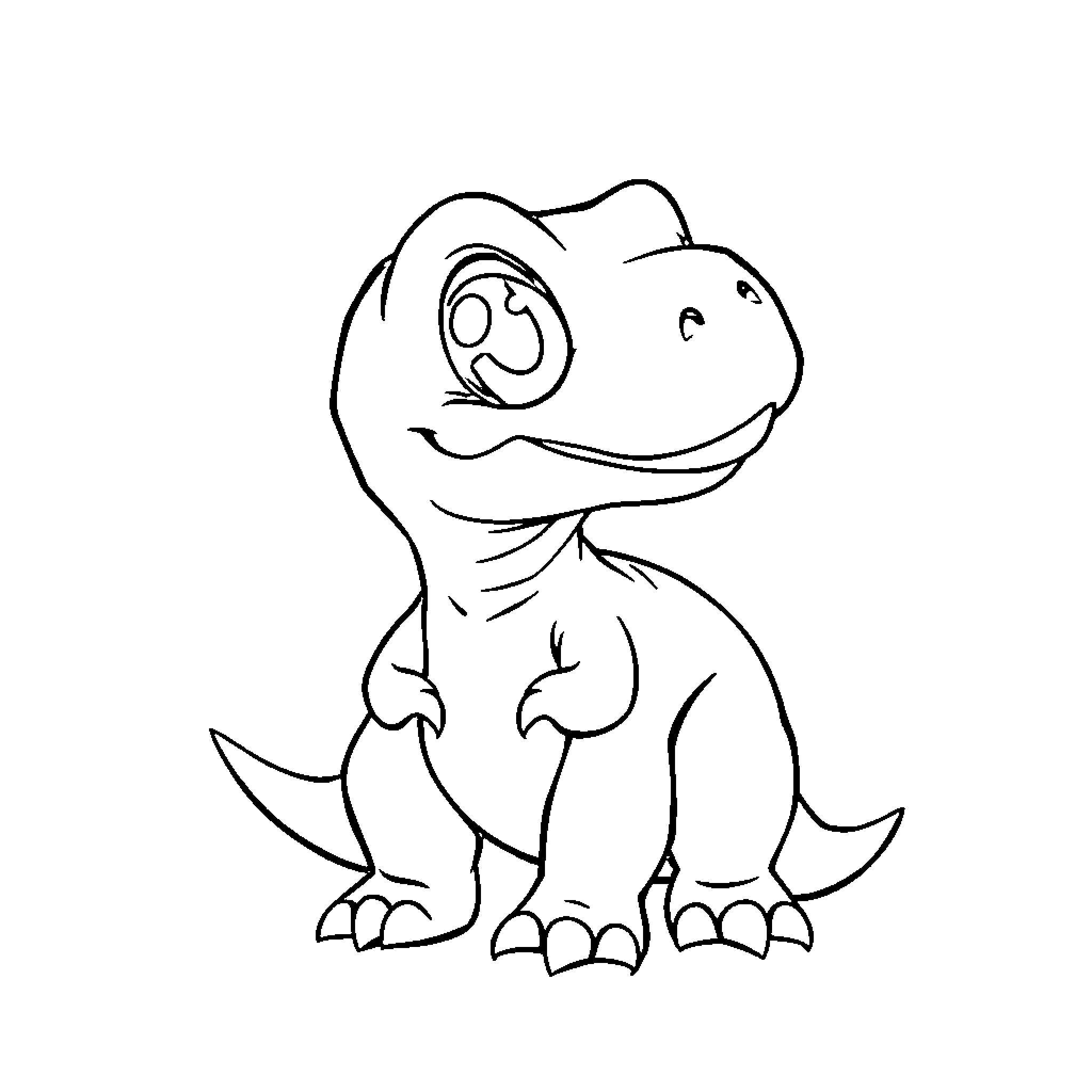 T-Rex smiling and sitting happily Coloring Page (free black-and-white line drawing printable PDF for all, from beginners to advanced learners, including children, teens, adults, and seniors)