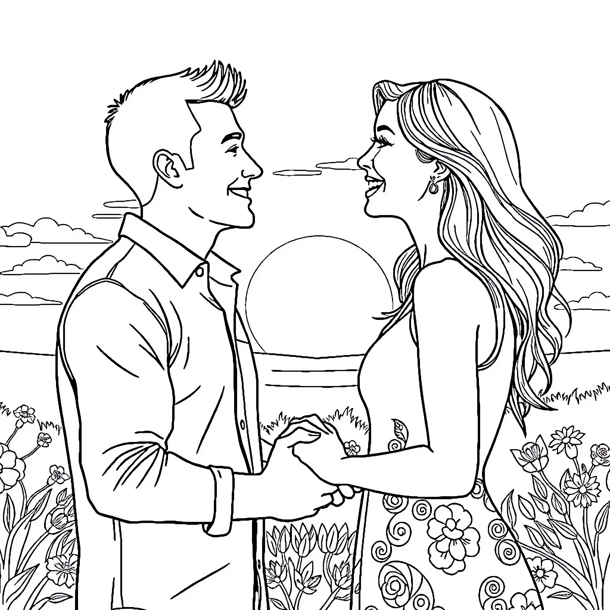 Couple sharing a romantic moment in nature Coloring Page (free black-and-white line drawing printable PDF for all, from beginners to advanced learners, including children, teens, adults, and seniors)