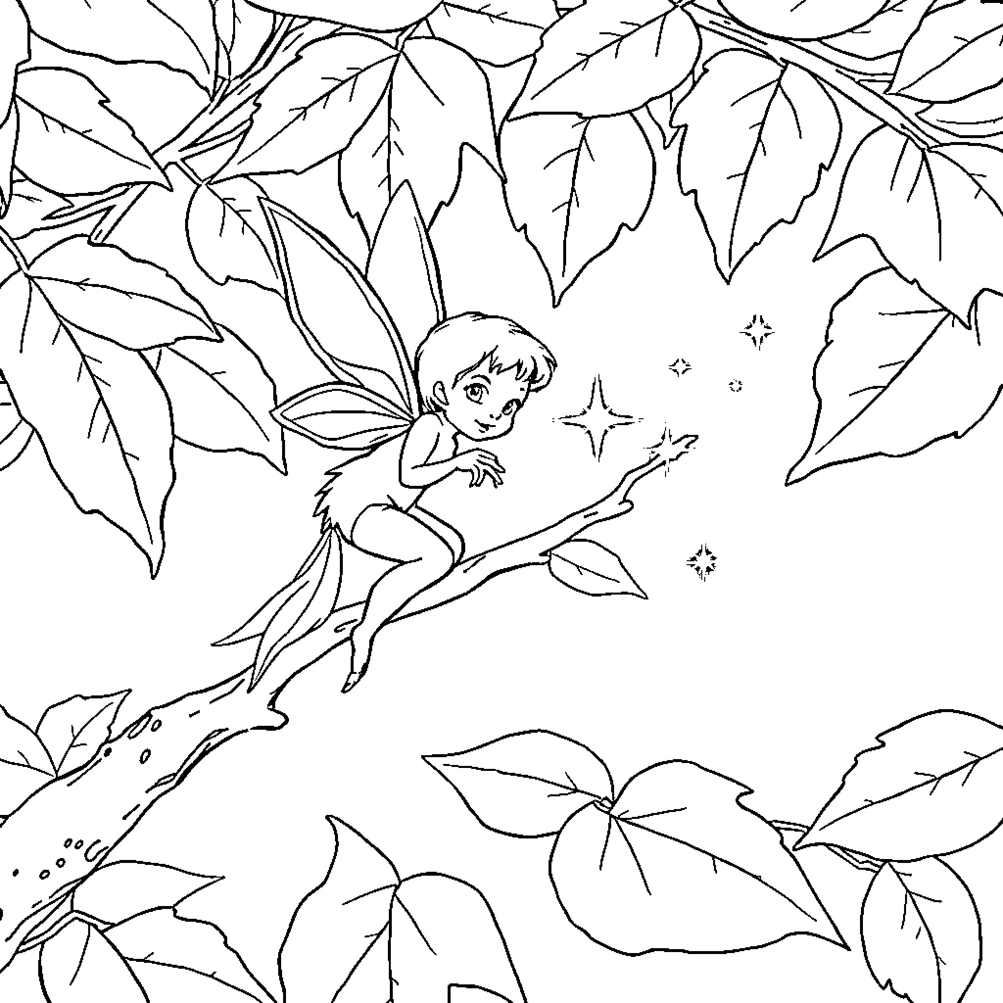 Fairy playing among the leaves Coloring Page (free black-and-white line drawing printable PDF for all, from beginners to advanced learners, including children, teens, adults, and seniors)
