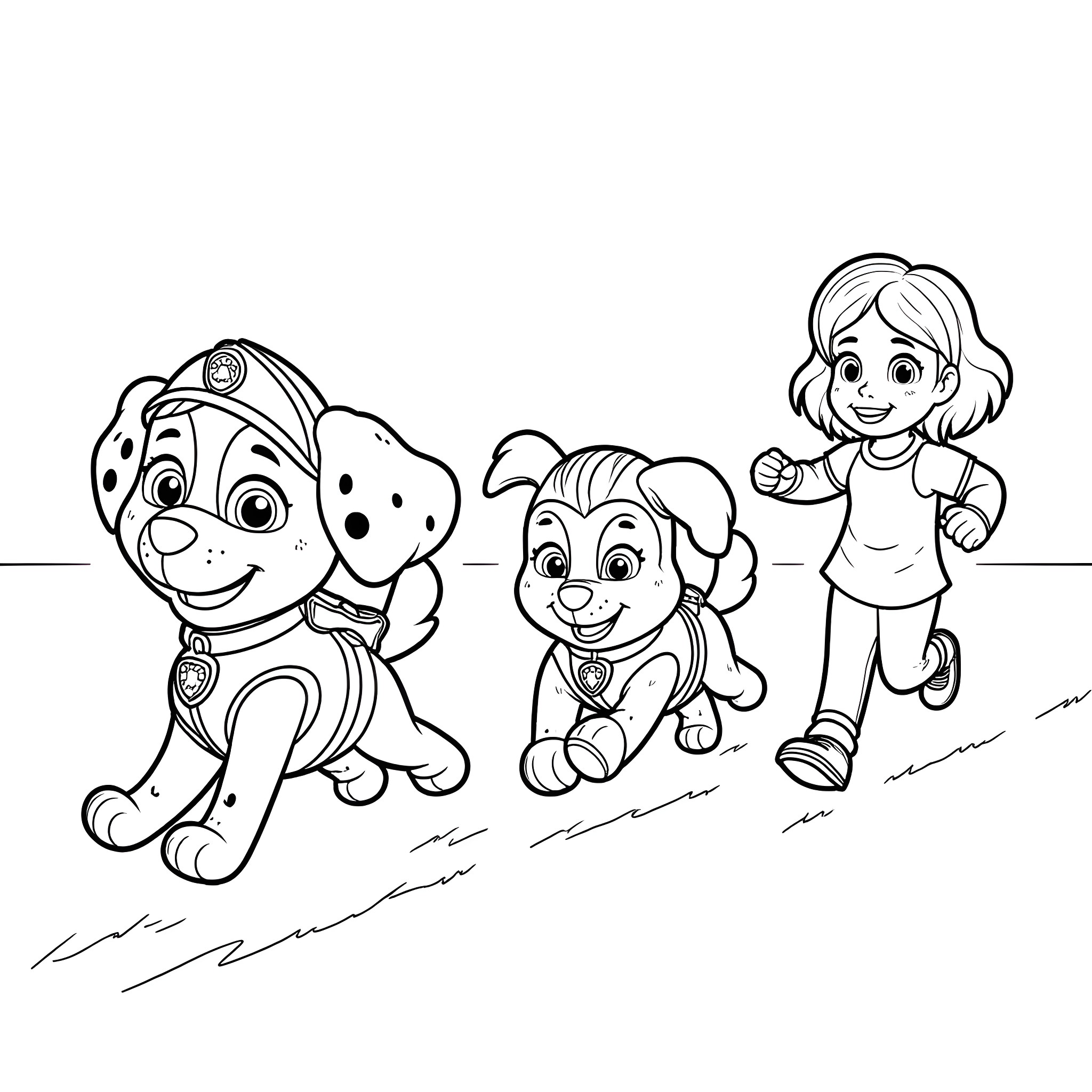 Paw Patrol characters on an adventure Coloring Page (free black-and-white line drawing printable PDF for all, from beginners to advanced learners, including children, teens, adults, and seniors)