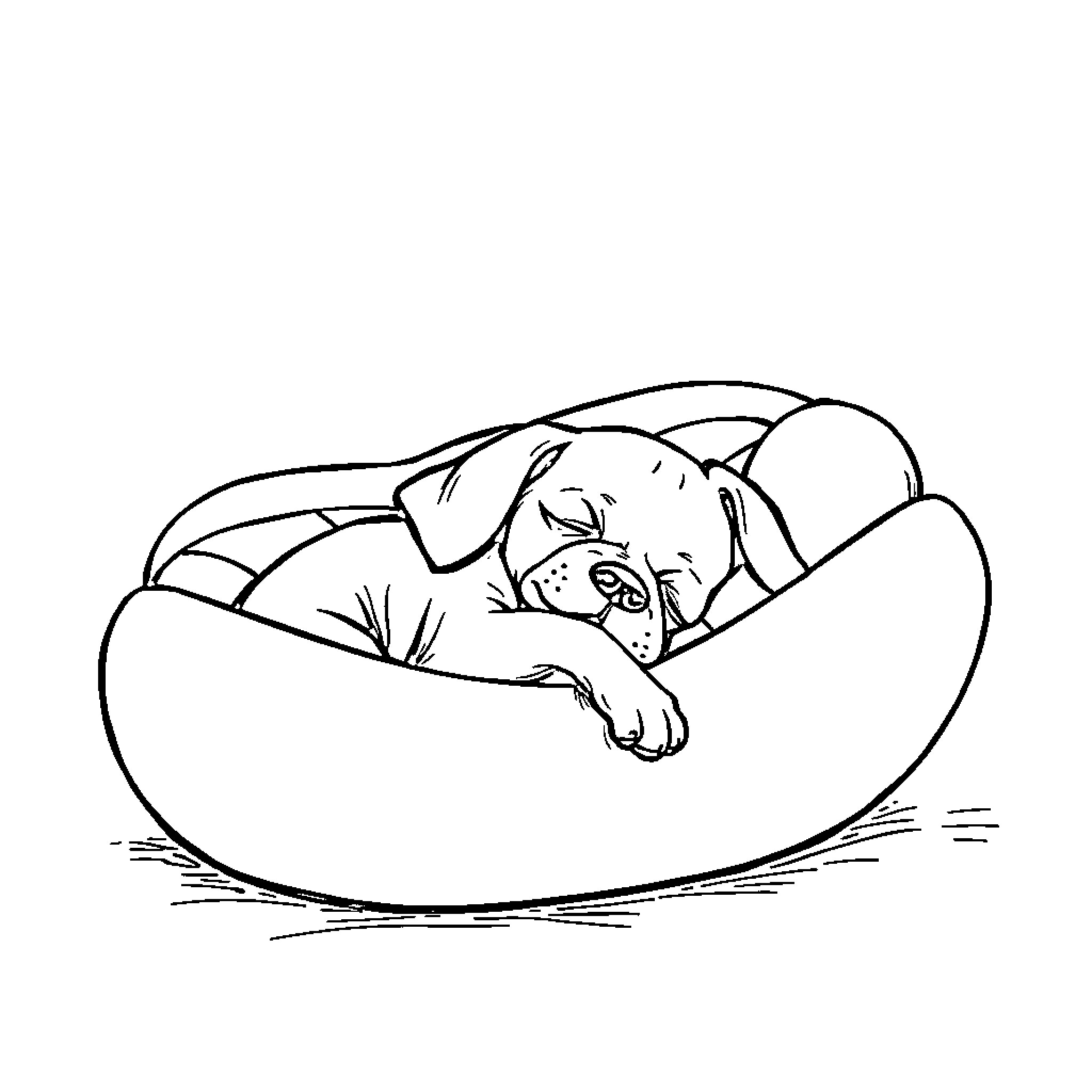 Dog sleeping comfortably in a cozy basket Coloring Page (free black-and-white line drawing printable PDF for all, from beginners to advanced learners, including children, teens, adults, and seniors)