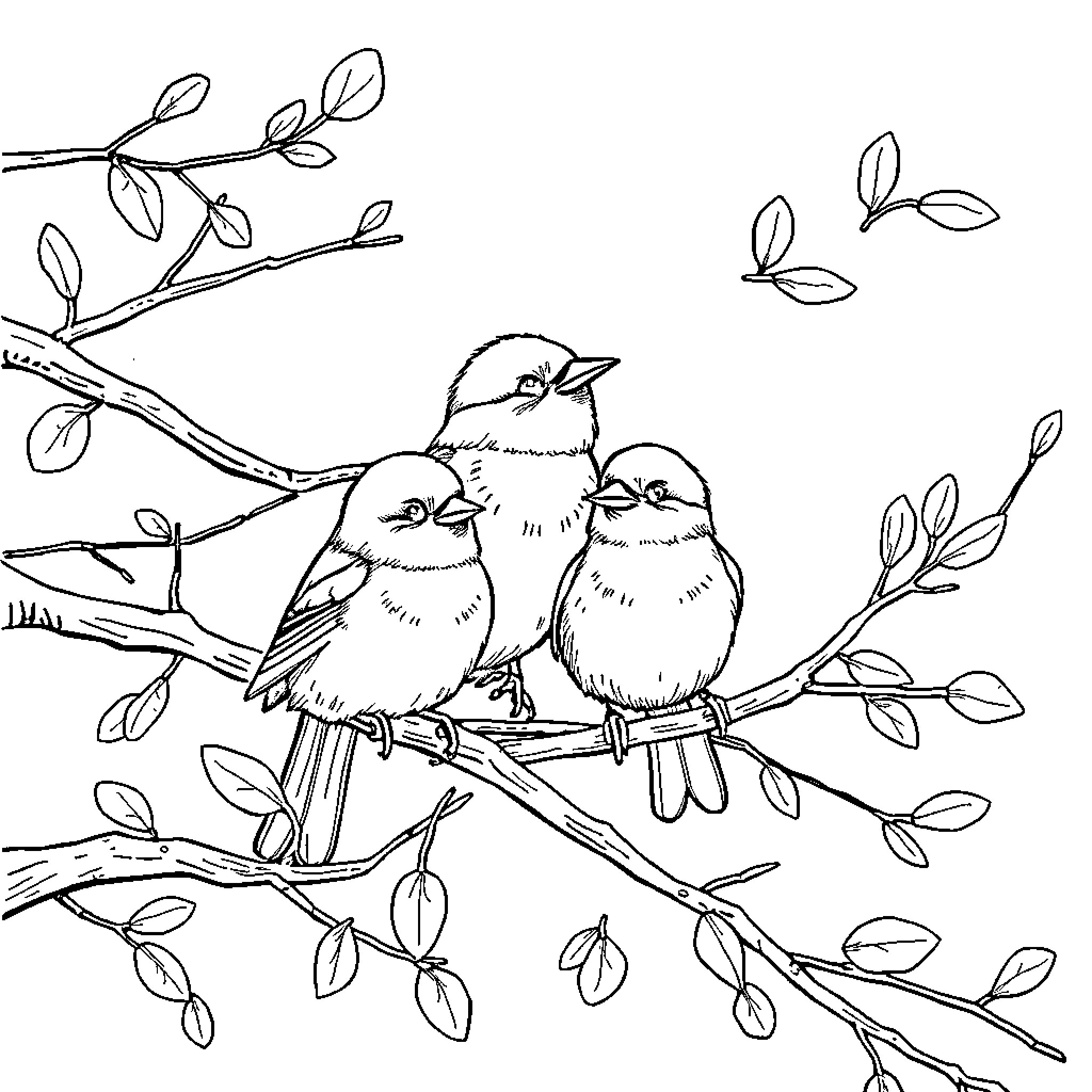 Bird trio perched on branches with leaves Coloring Page (free black-and-white line drawing printable PDF for all, from beginners to advanced learners, including children, teens, adults, and seniors)