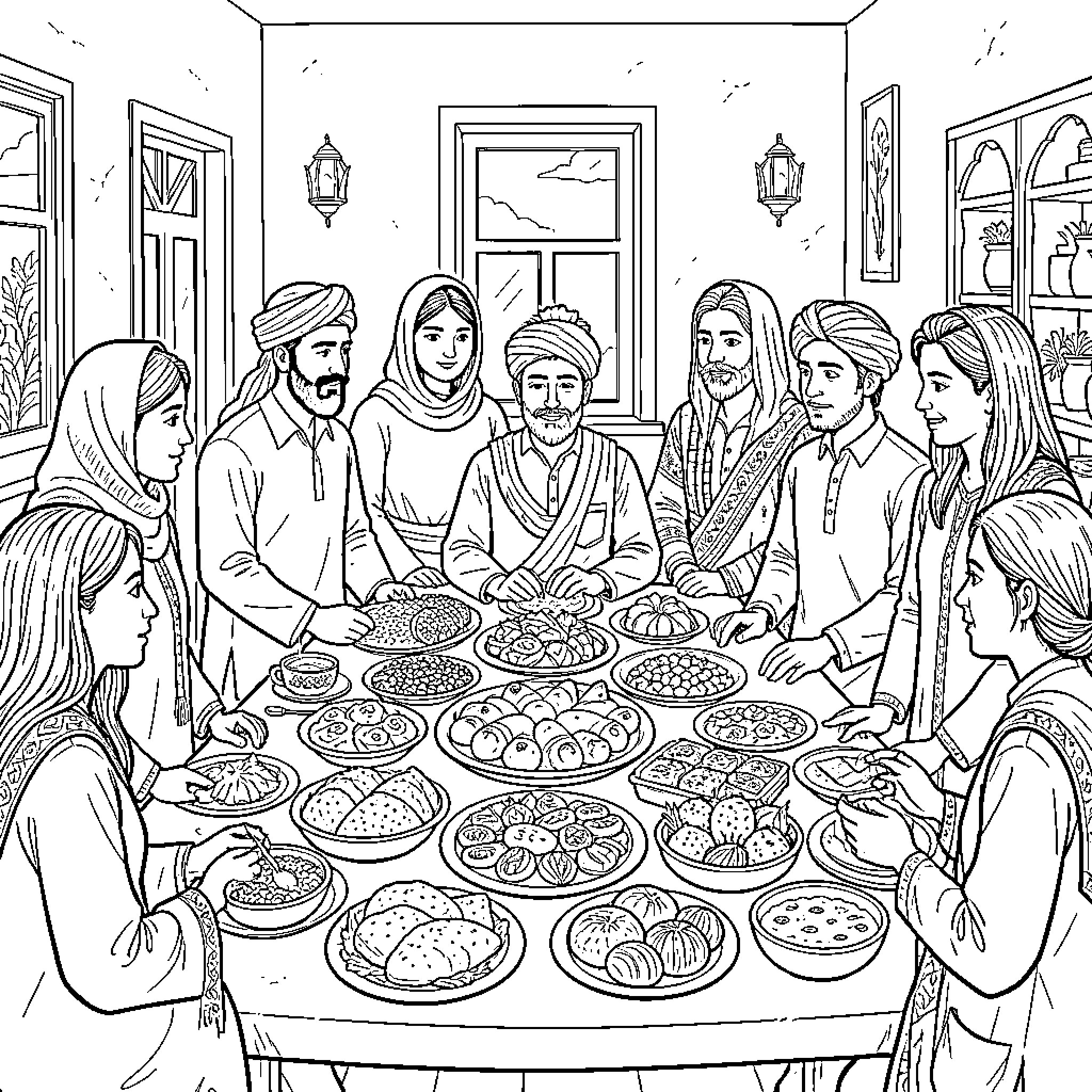 Tung Tung Family Gathering at Traditional Dinner Table Coloring Page (free black-and-white line drawing printable PDF for all, from beginners to advanced learners, including children, teens, adults, and seniors)