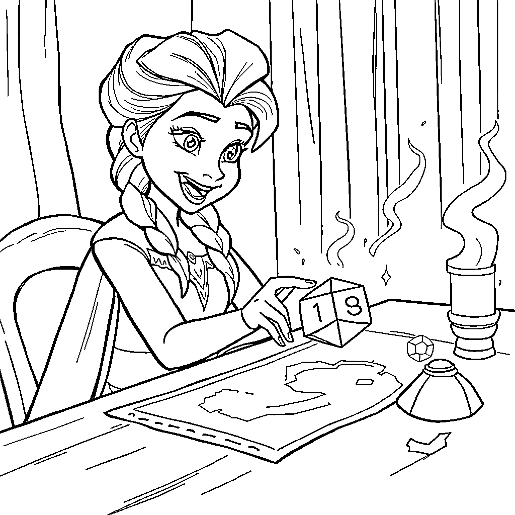 Elsa working on her magical map Coloring Page (free black-and-white line drawing printable PDF for all, from beginners to advanced learners, including children, teens, adults, and seniors)