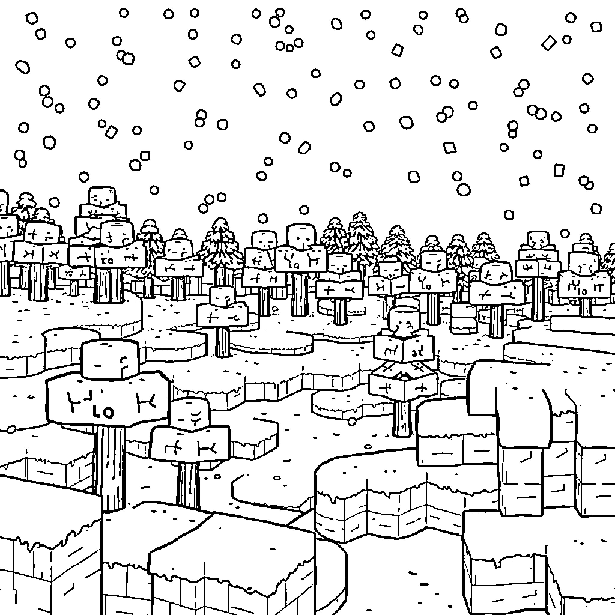 Snow-Covered Cityscape with Whimsical Elements Coloring Page (free black-and-white line drawing printable PDF for all, from beginners to advanced learners, including children, teens, adults, and seniors)