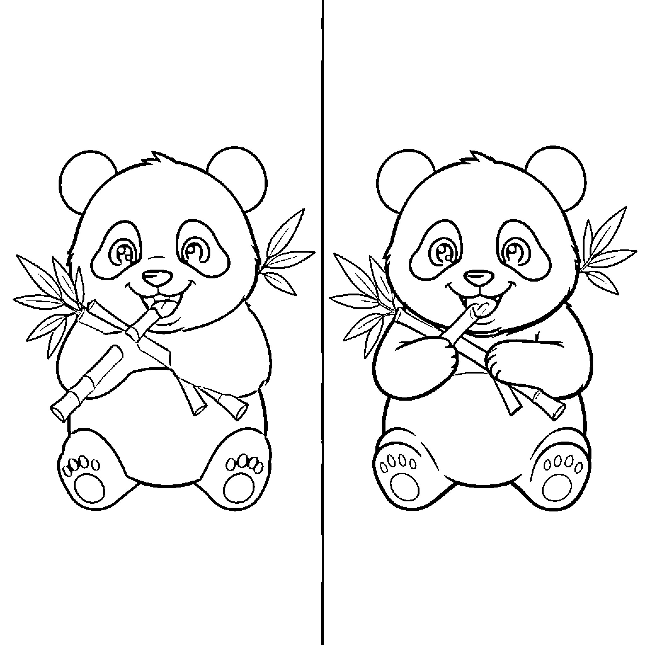 Panda playing with bamboo leaves Coloring Page (free black-and-white line drawing printable PDF for all, from beginners to advanced learners, including children, teens, adults, and seniors)