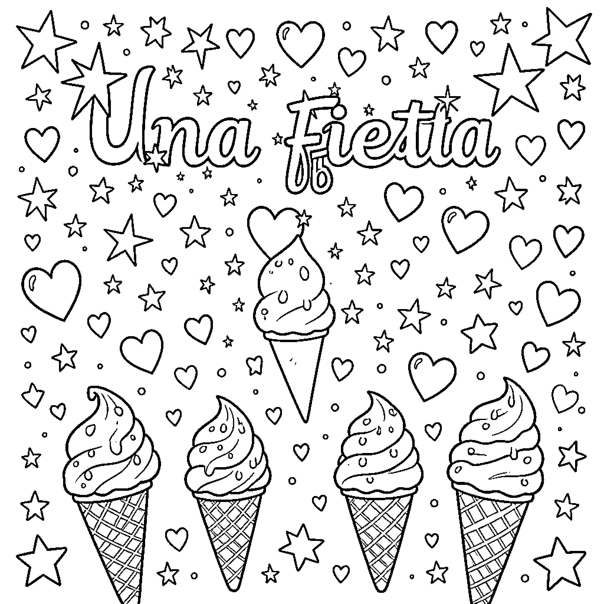 Star Fiesta with Ice Cream and Swirls Coloring Page (free black-and-white line drawing printable PDF for all, from beginners to advanced learners, including children, teens, adults, and seniors)