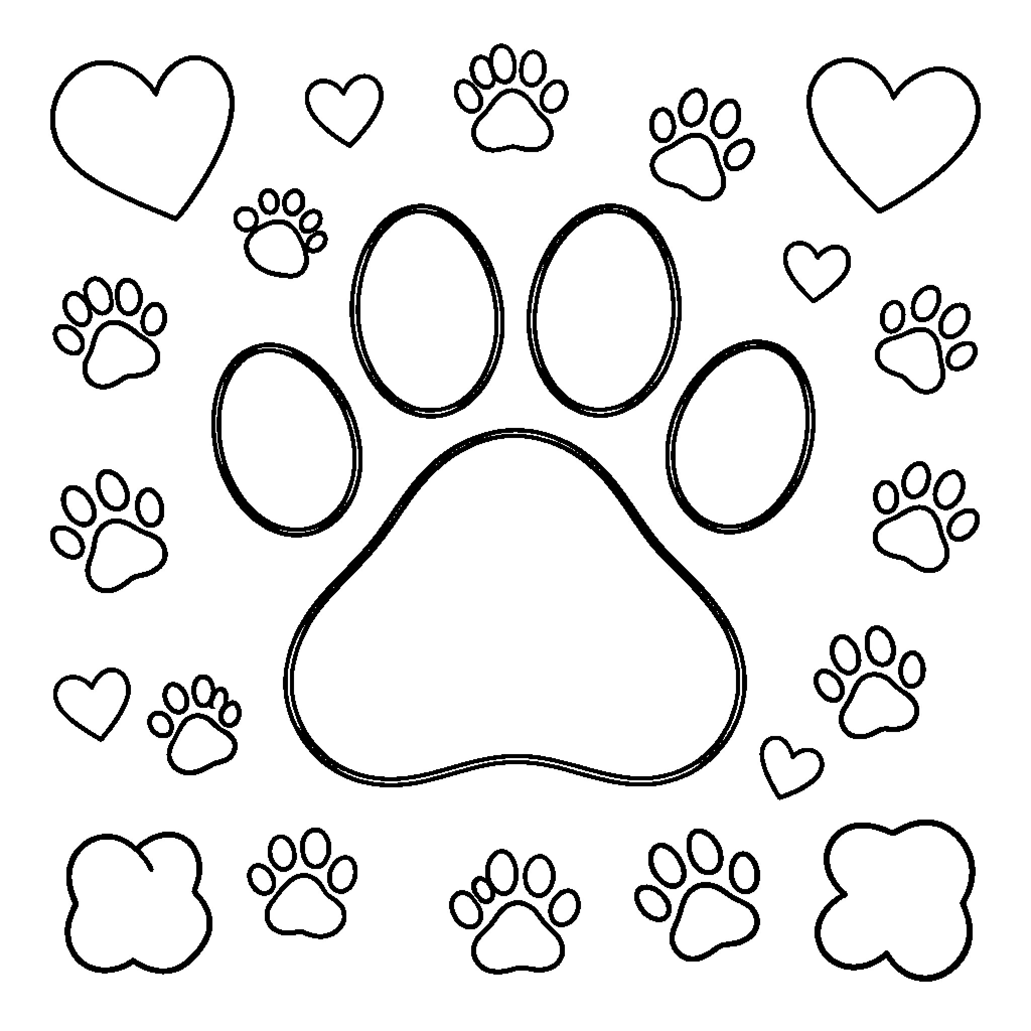 Pawprint pattern surrounded by various hearts and small tracks Coloring Page (free black-and-white line drawing printable PDF for all, from beginners to advanced learners, including children, teens, adults, and seniors)