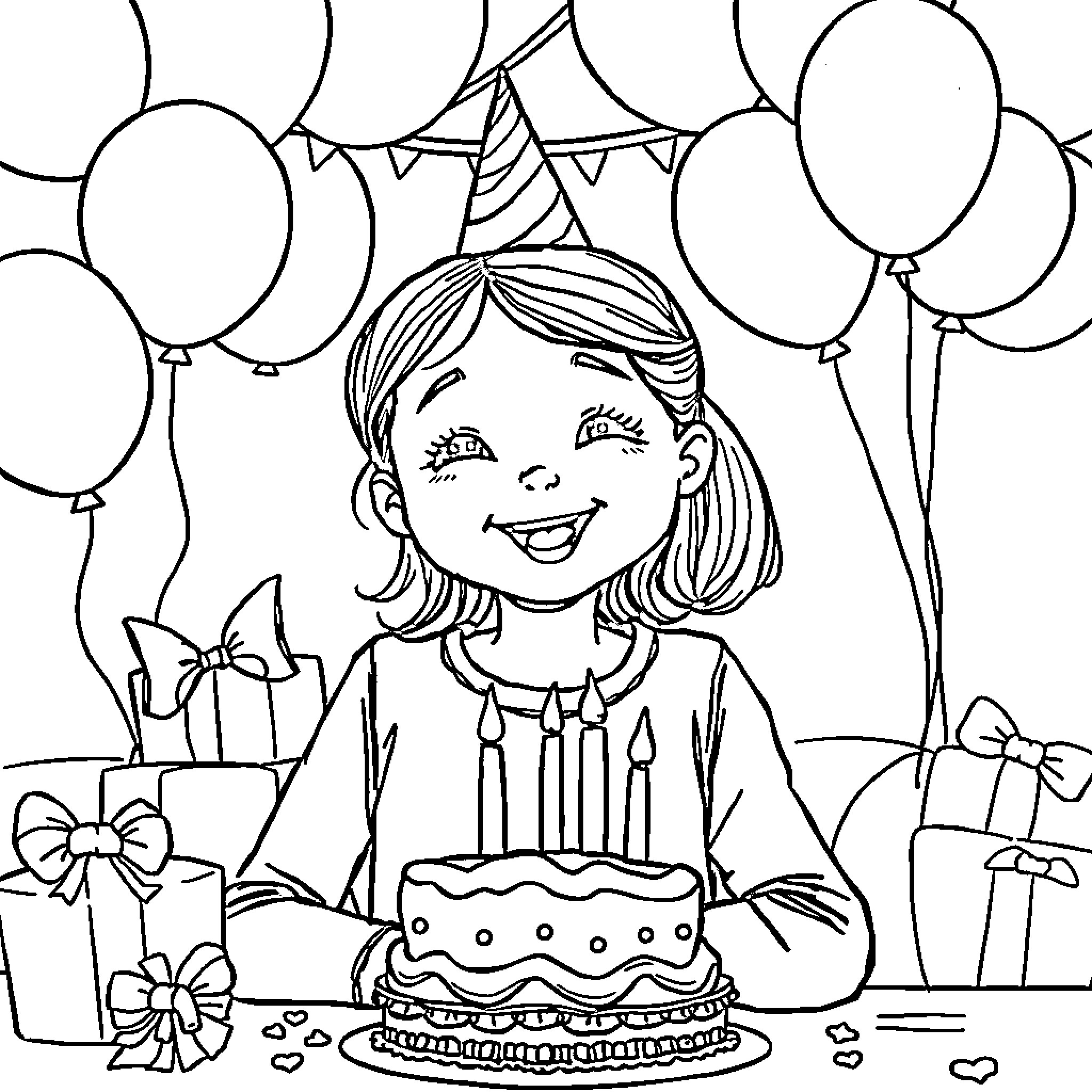 Girl celebrating birthday with cake and balloons Coloring Page (free black-and-white line drawing printable PDF for all, from beginners to advanced learners, including children, teens, adults, and seniors)