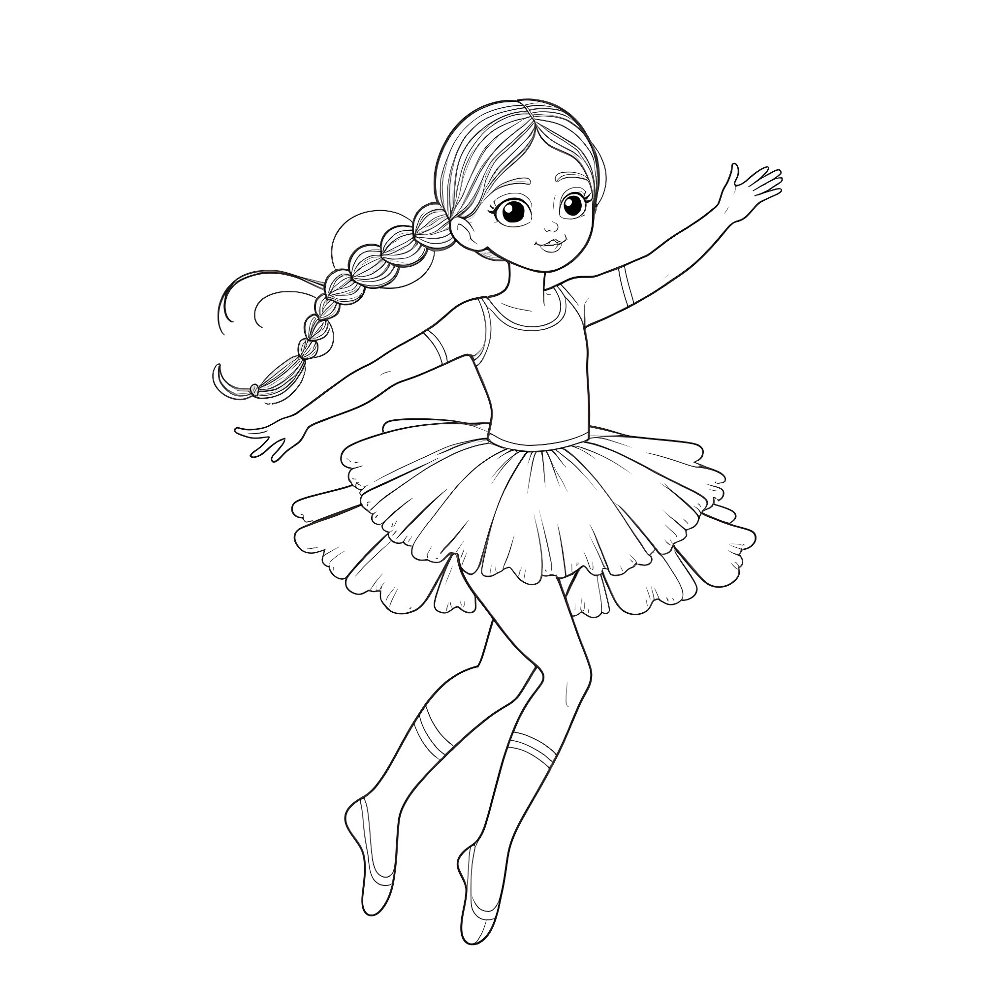 Girl dancing gracefully in a tutu Coloring Page (free black-and-white line drawing printable PDF for all, from beginners to advanced learners, including children, teens, adults, and seniors)