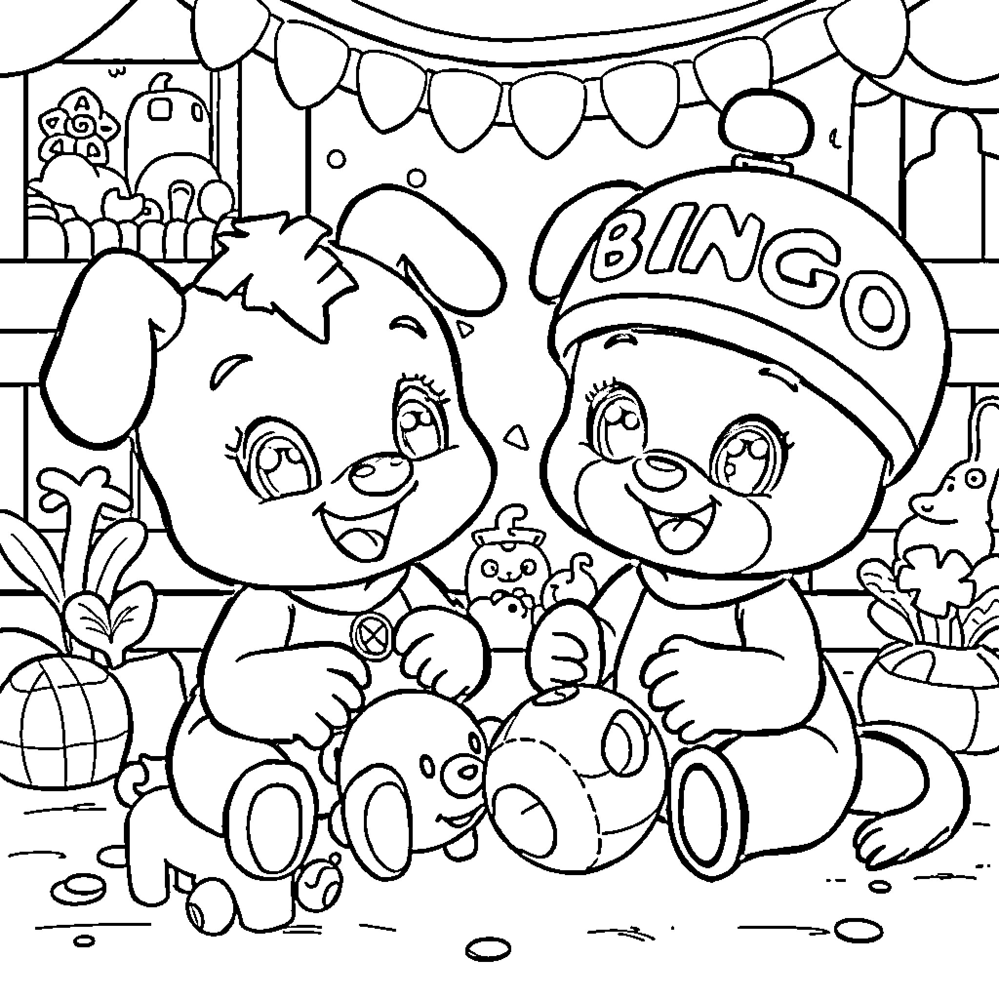 Bluey and Friends Celebrate with Festive Decorations Coloring Page (free black-and-white line drawing printable PDF for all, from beginners to advanced learners, including children, teens, adults, and seniors)