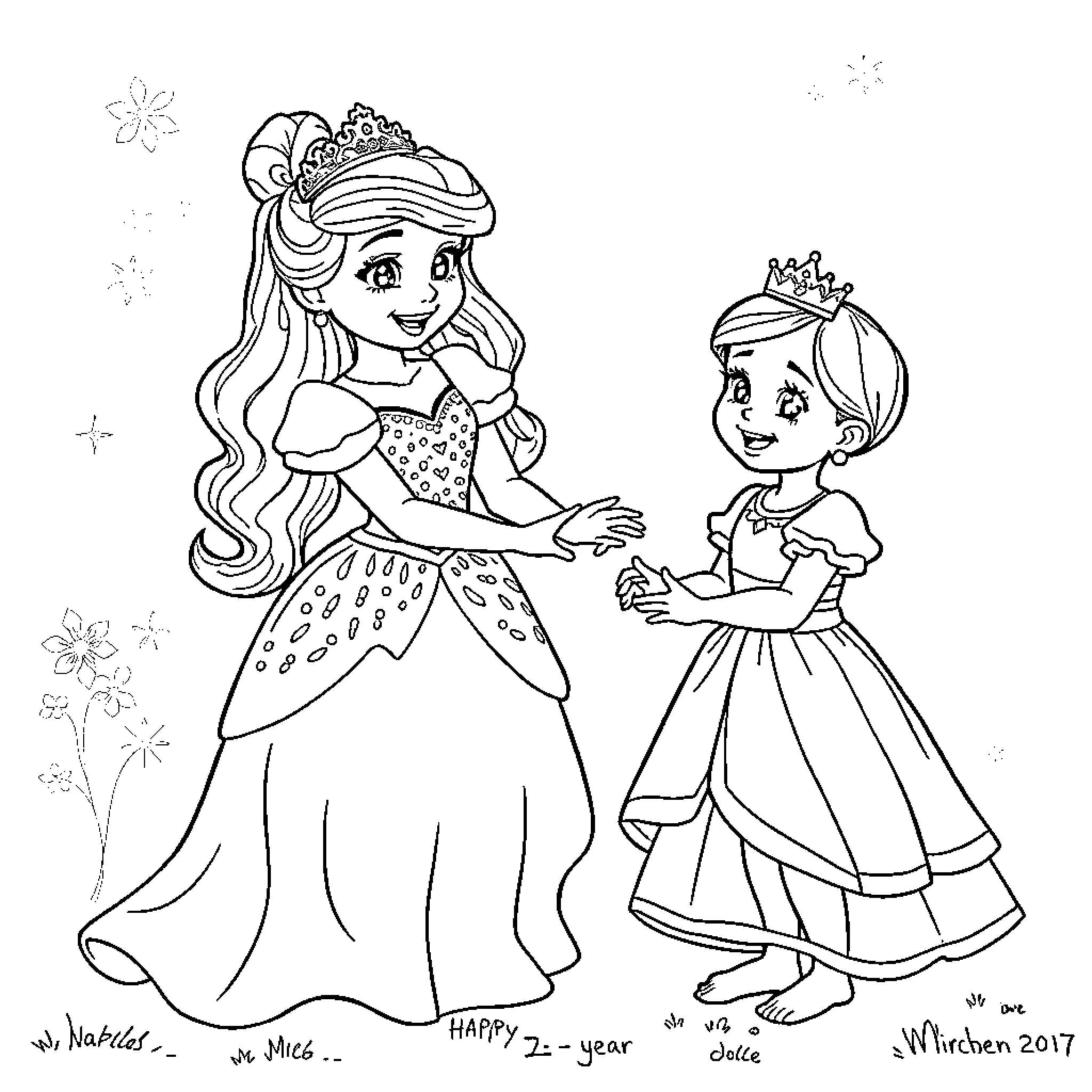 Princess and Young Girl in Formal Dresses Coloring Page (free black-and-white line drawing printable PDF for all, from beginners to advanced learners, including children, teens, adults, and seniors)