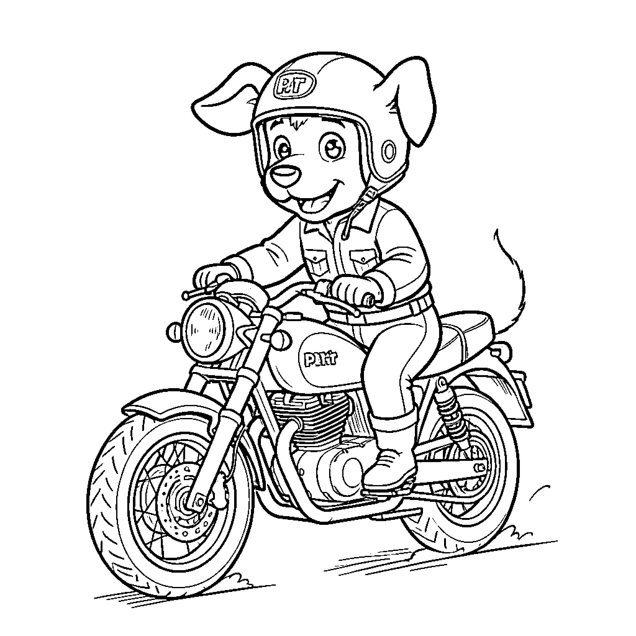 Dog wearing a helmet riding a motorcycle Coloring Page (free black-and-white line drawing printable PDF for all, from beginners to advanced learners, including children, teens, adults, and seniors)