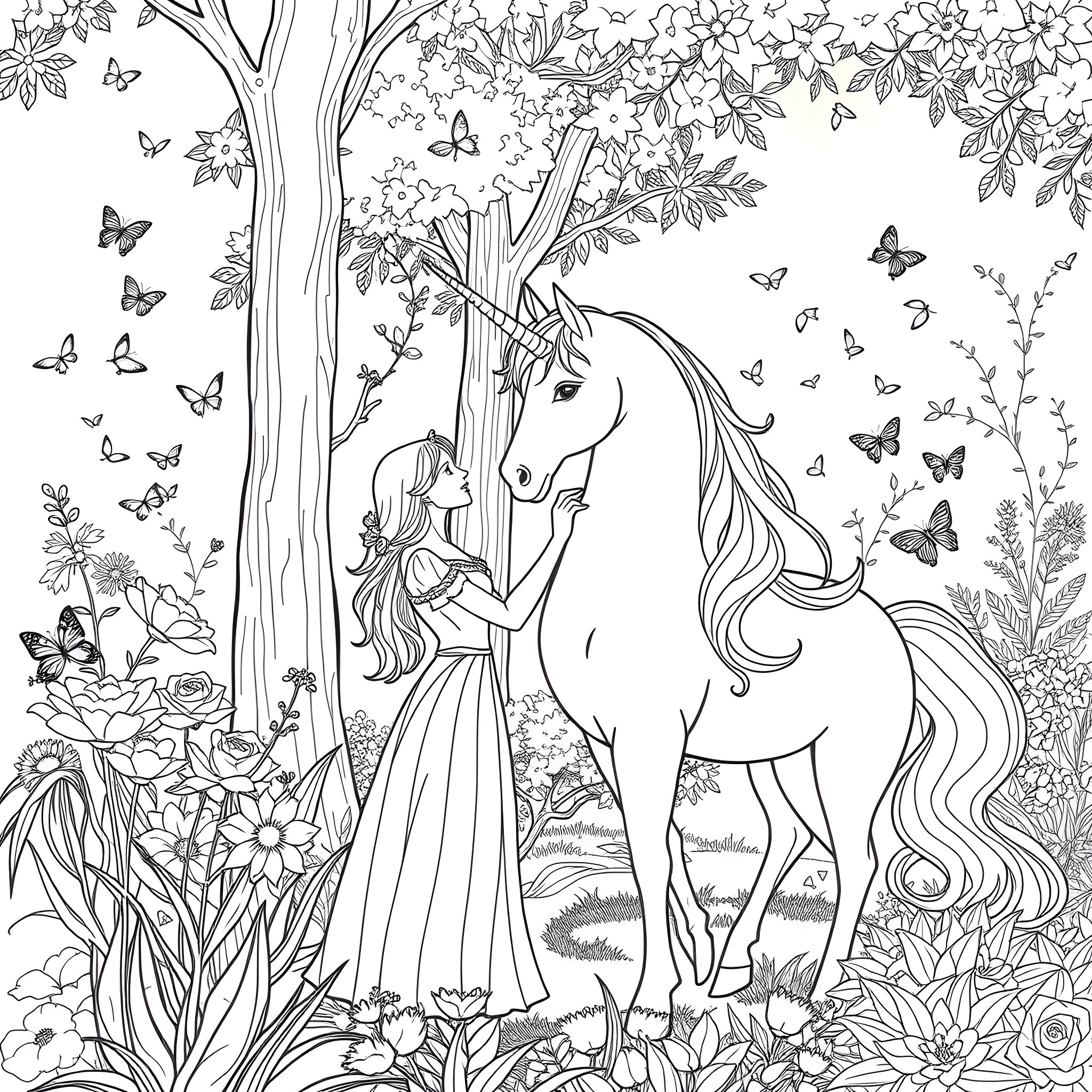 Princess in Enchanted Forest with Unicorn Coloring Page (free black-and-white line drawing printable PDF for all, from beginners to advanced learners, including children, teens, adults, and seniors)