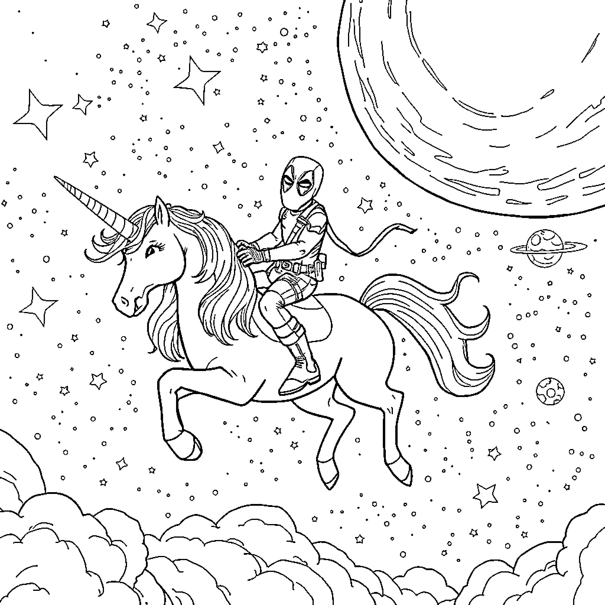Deadpool's Cosmic Unicorn Adventure Coloring Page (free black-and-white line drawing printable PDF for all, from beginners to advanced learners, including children, teens, adults, and seniors)