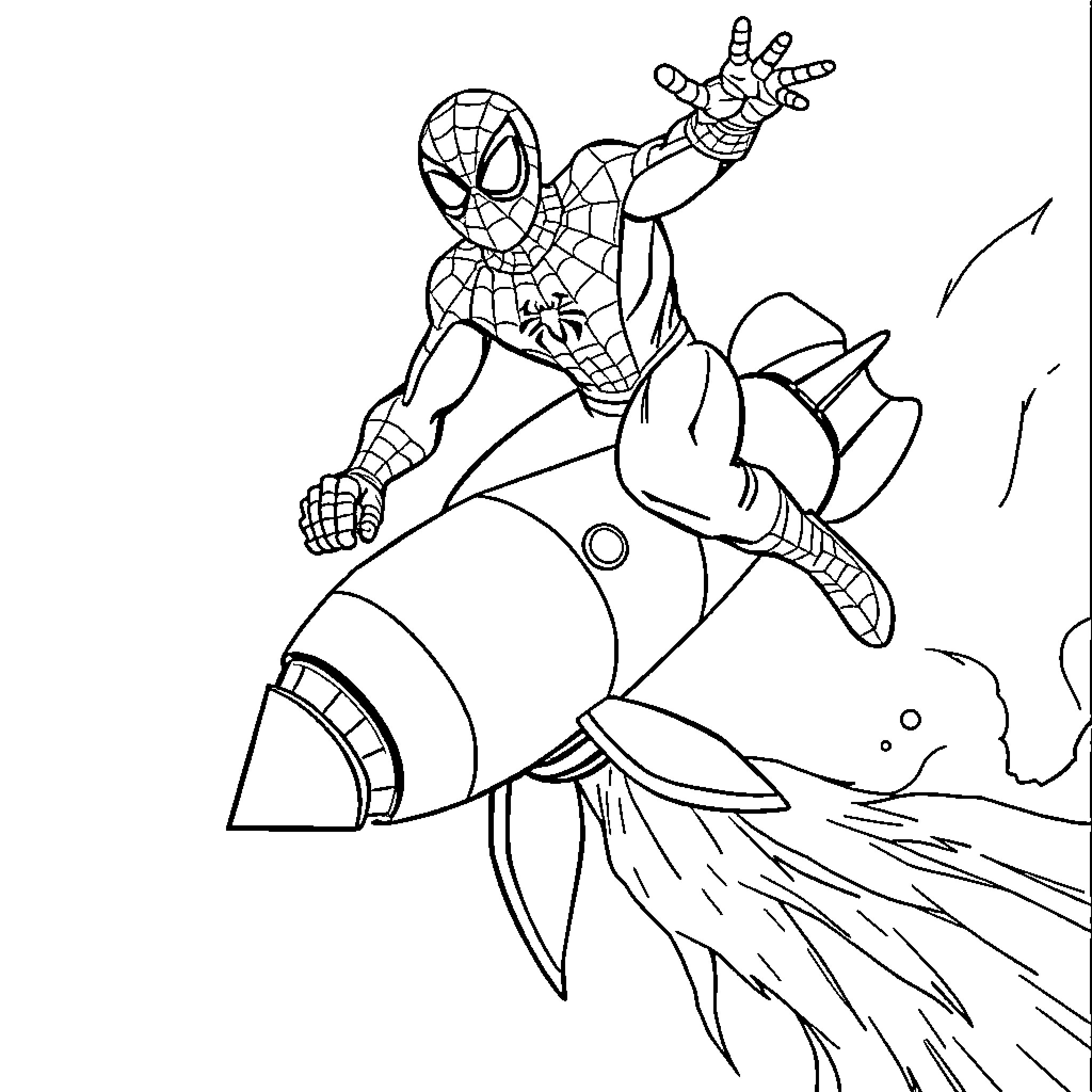Spiderman swinging on a rocket in action-packed scene Coloring Page (free black-and-white line drawing printable PDF for all, from beginners to advanced learners, including children, teens, adults, and seniors)