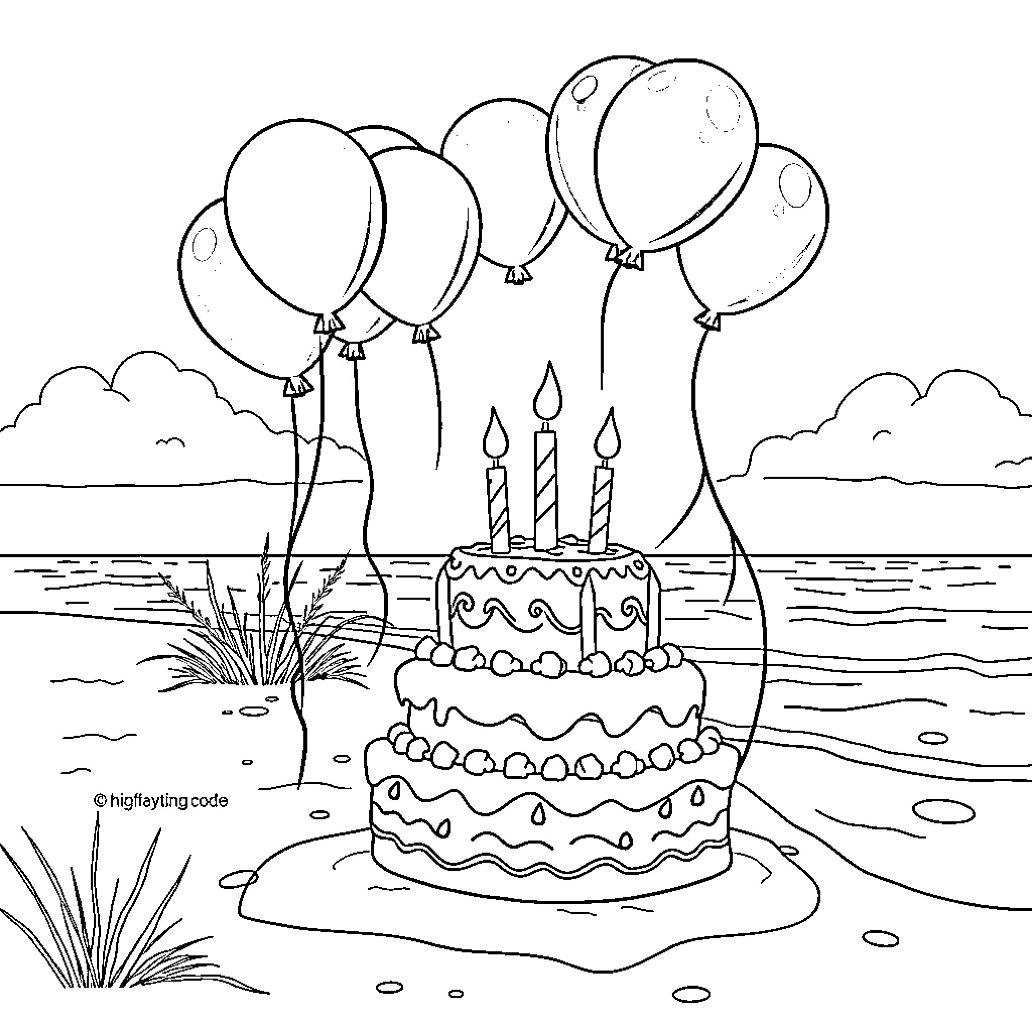 Birthday Celebration by the Lake Coloring Page (free black-and-white line drawing printable PDF for all, from beginners to advanced learners, including children, teens, adults, and seniors)