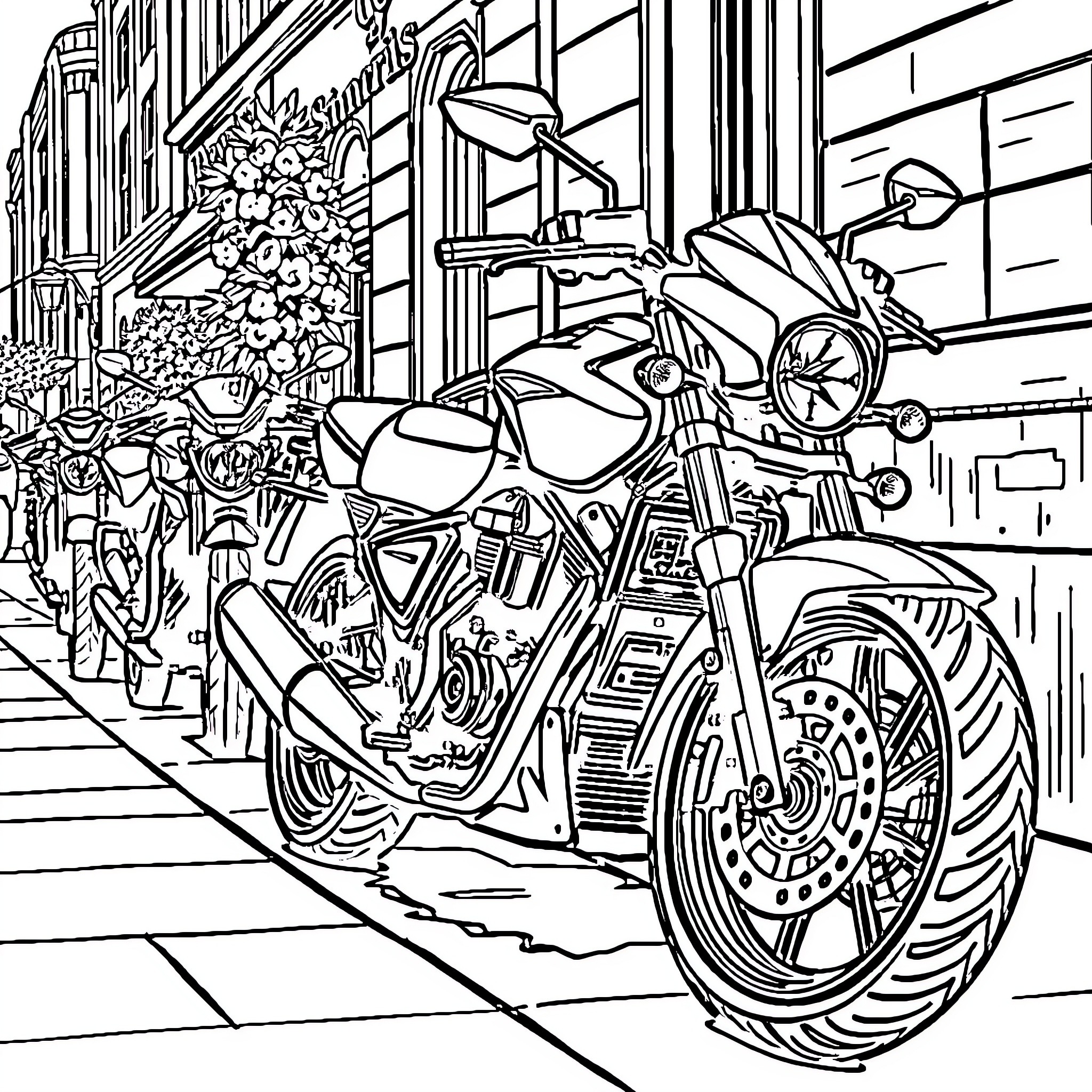 Motorcycle parked on a city street with floral decorations Coloring Page (free black-and-white line drawing printable PDF for all, from beginners to advanced learners, including children, teens, adults, and seniors)