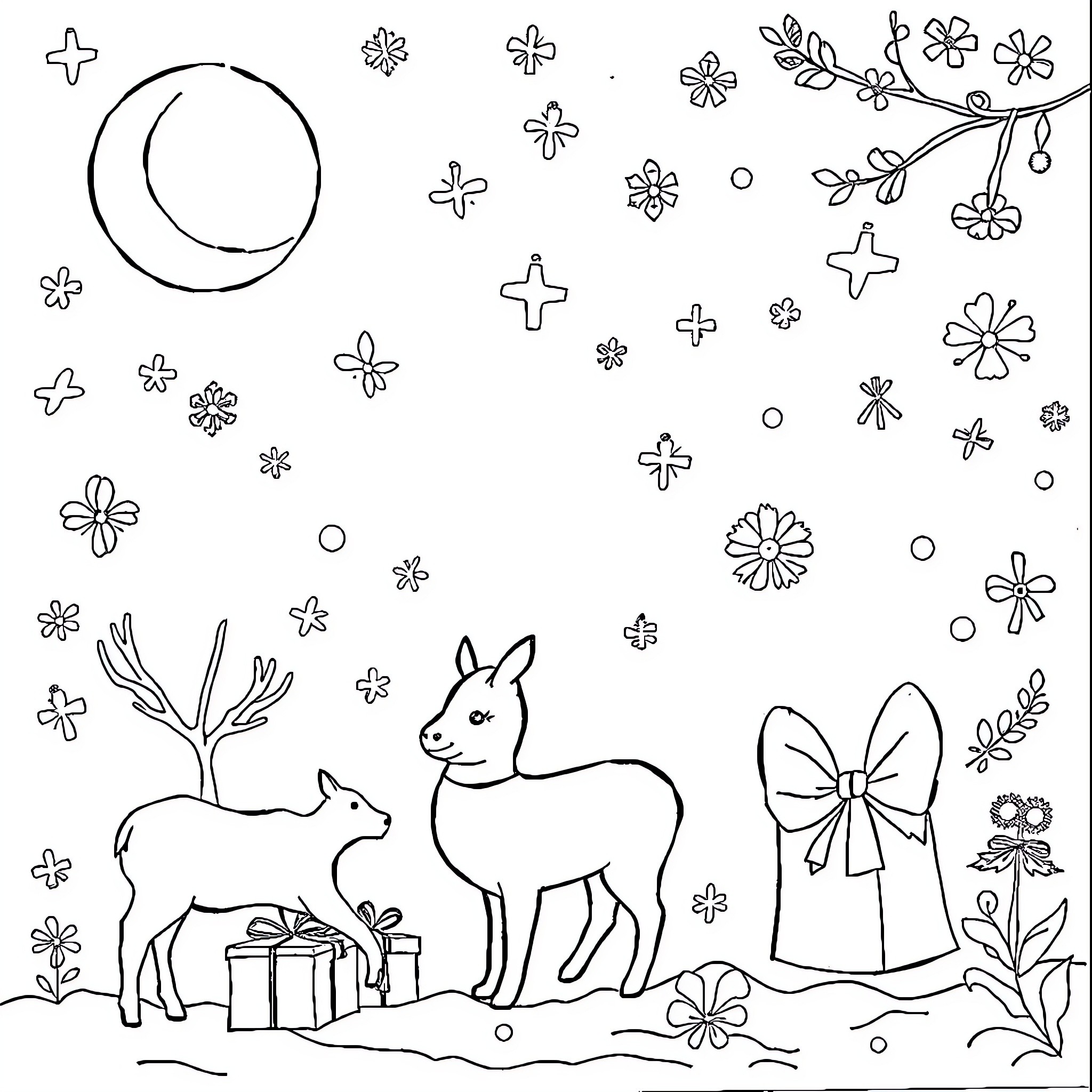 Christmas scene with animals and flowers Coloring Page (free black-and-white line drawing printable PDF for all, from beginners to advanced learners, including children, teens, adults, and seniors)