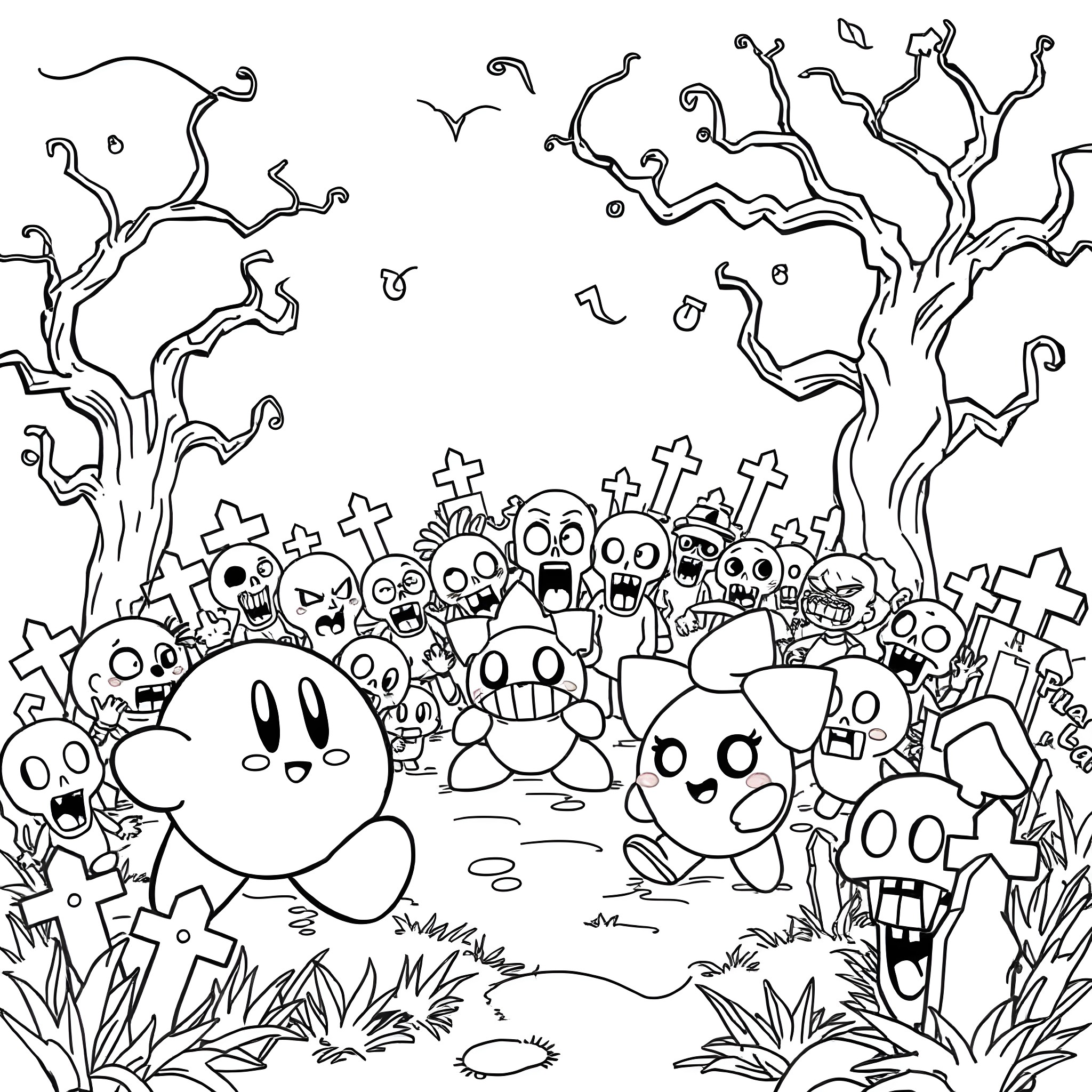 Kirby and Friends in a Spooky Graveyard Coloring Page (free black-and-white line drawing printable PDF for all, from beginners to advanced learners, including children, teens, adults, and seniors)