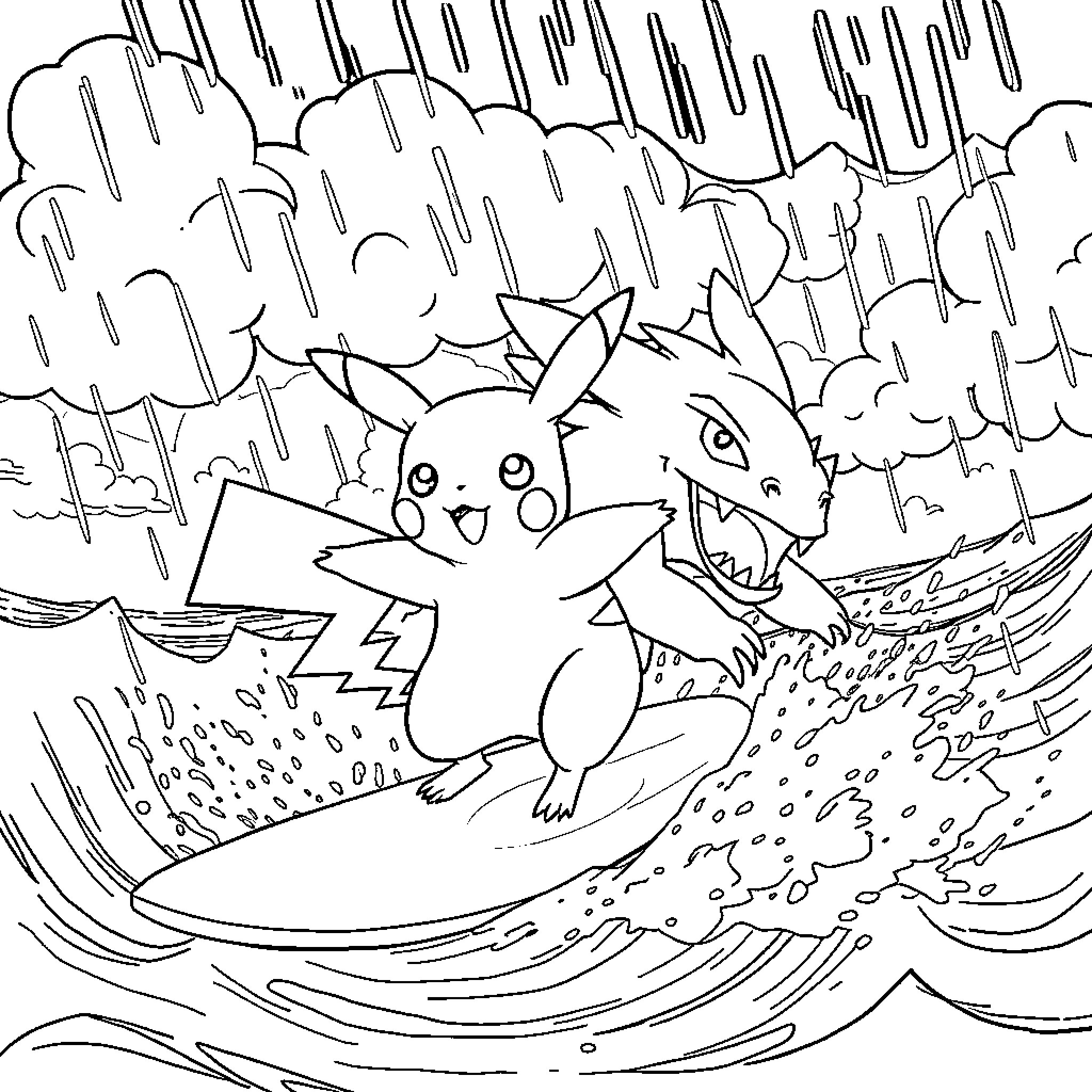 Pikachu splashing through a rainy forest Coloring Page (free black-and-white line drawing printable PDF for all, from beginners to advanced learners, including children, teens, adults, and seniors)