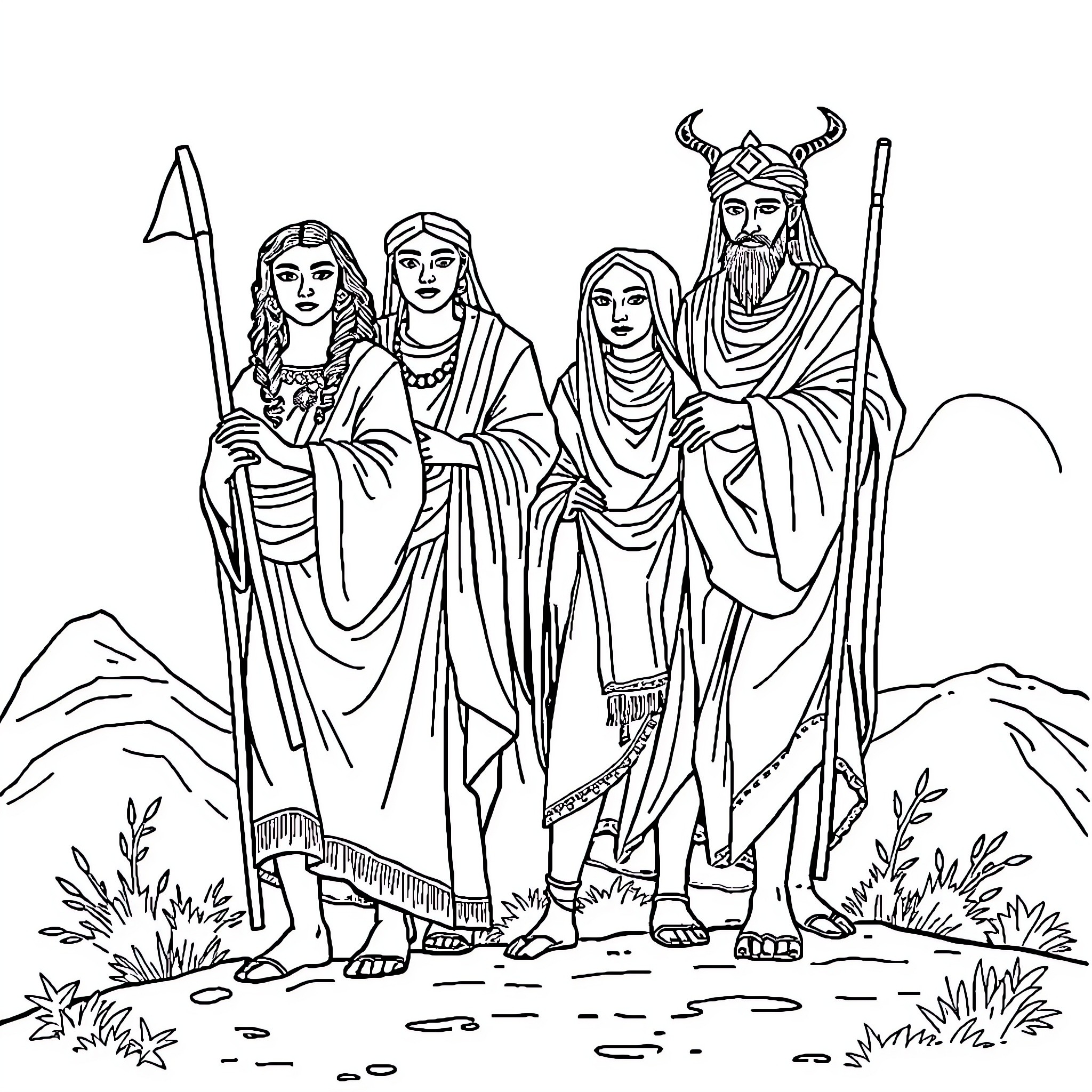 Descendant of Norse warriors in traditional garb Coloring Page (free black-and-white line drawing printable PDF for all, from beginners to advanced learners, including children, teens, adults, and seniors)