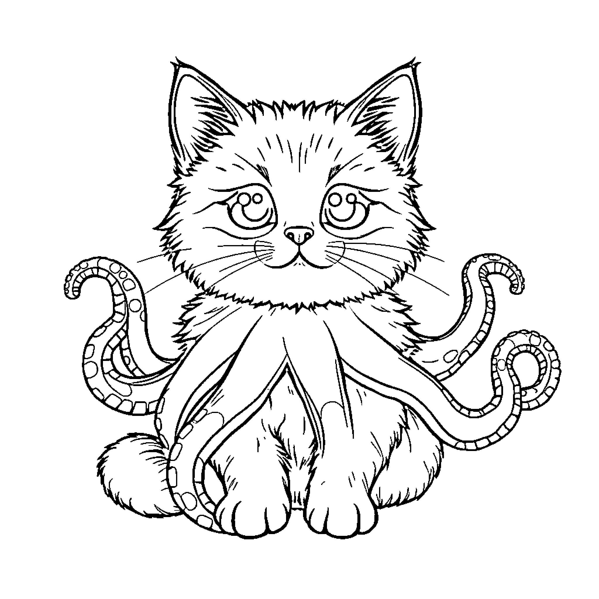 Pet Cat with Tentacle Appendages Coloring Page (free black-and-white line drawing printable PDF for all, from beginners to advanced learners, including children, teens, adults, and seniors)