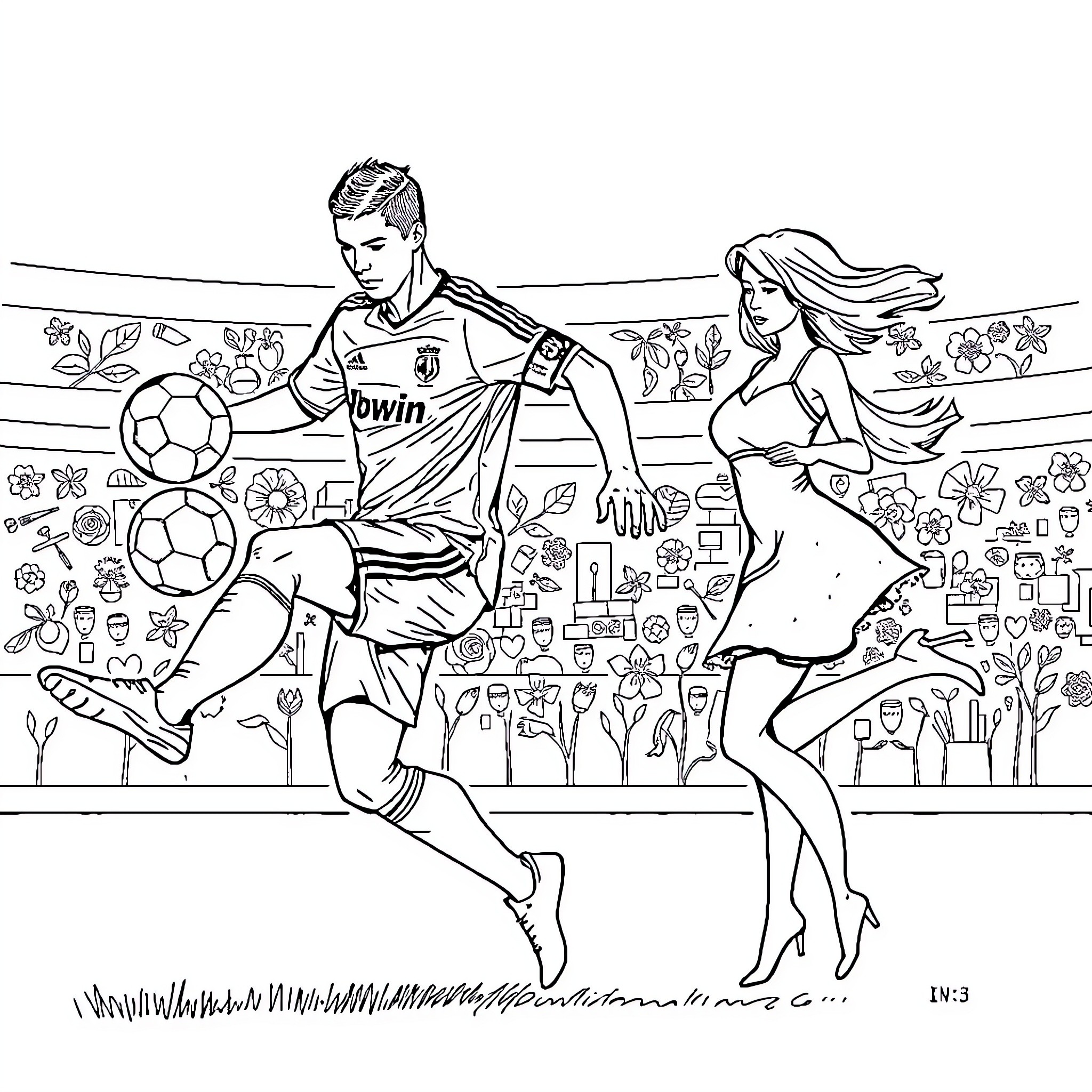 Cristiano Ronaldo performing soccer tricks with a woman Coloring Page (free black-and-white line drawing printable PDF for all, from beginners to advanced learners, including children, teens, adults, and seniors)
