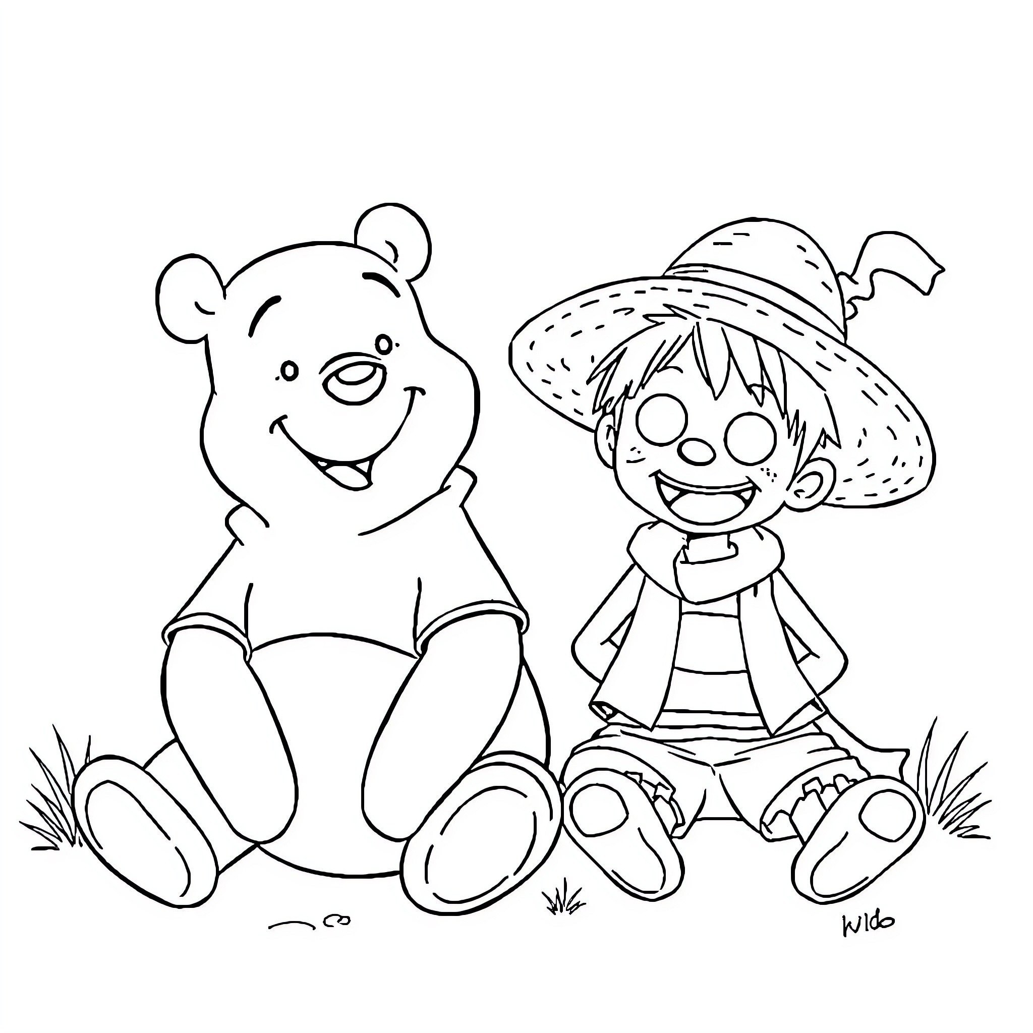 Winnie The Pooh and a young child playing together Coloring Page (free black-and-white line drawing printable PDF for all, from beginners to advanced learners, including children, teens, adults, and seniors)