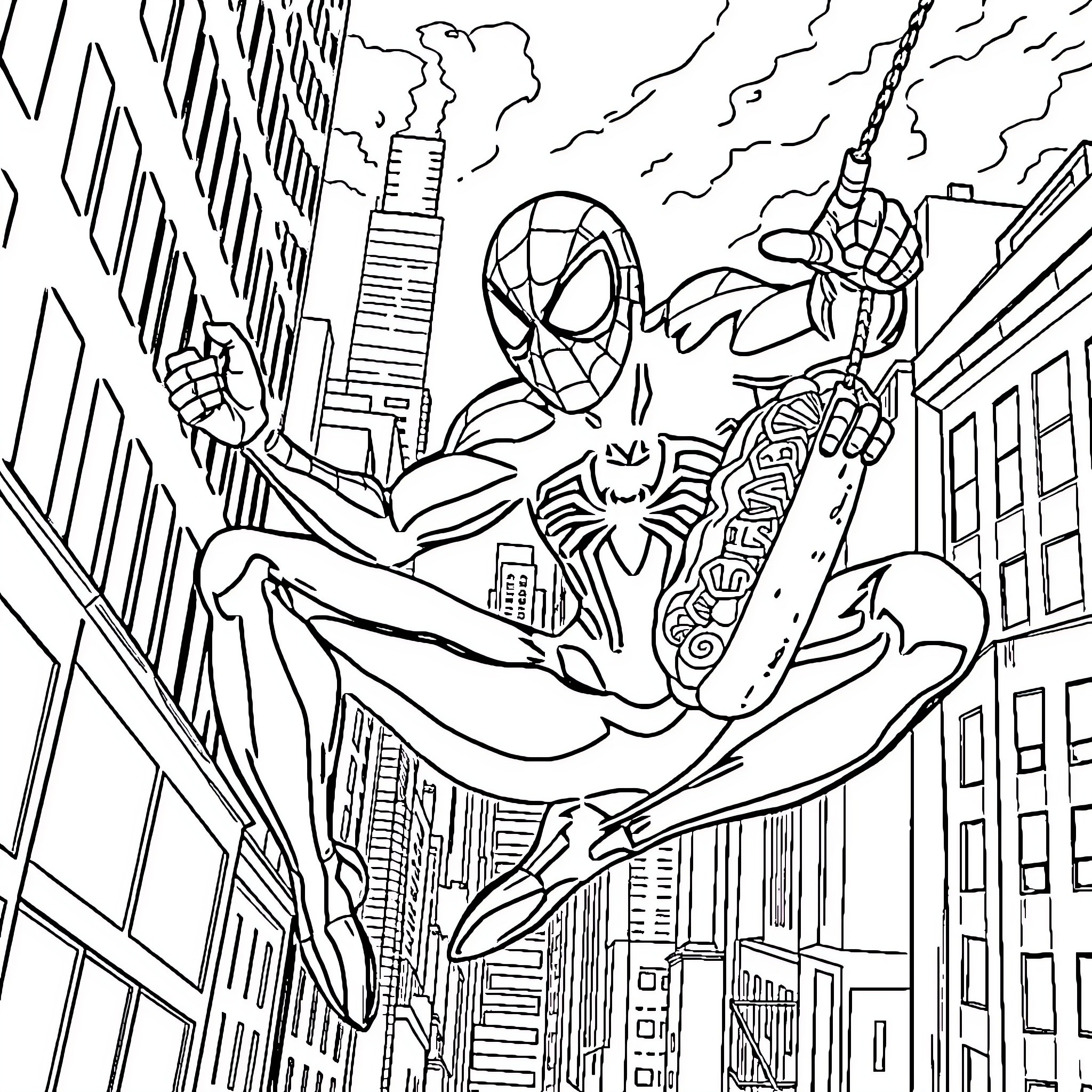 Spiderman swinging through the city skyline Coloring Page (free black-and-white line drawing printable PDF for all, from beginners to advanced learners, including children, teens, adults, and seniors)